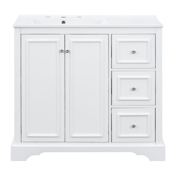 36" Transitional Bathroom Vanity With Sink, Soft Close Doors, Adjustable U Shelf, 3 Drawers - White