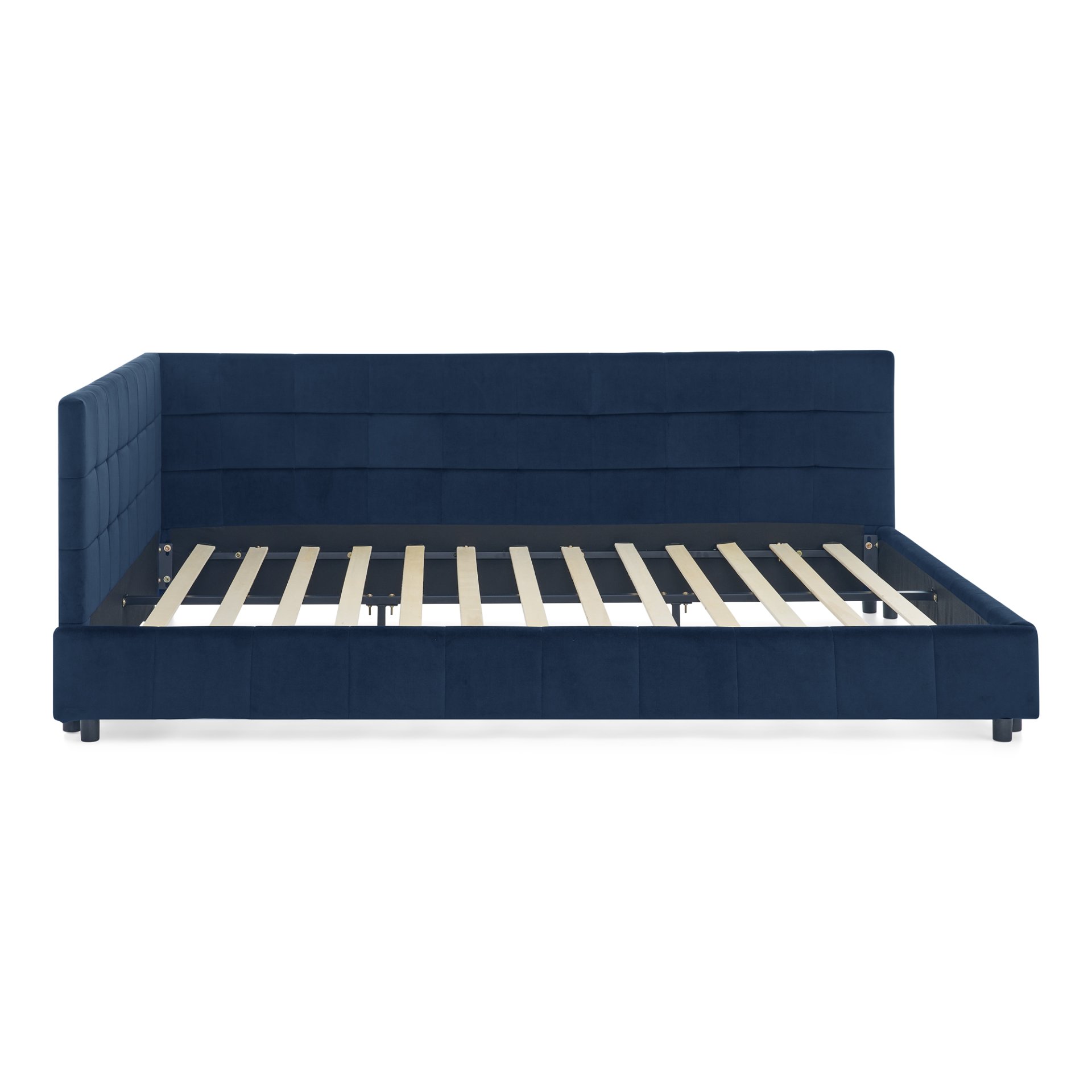 Mid Century Upholstered Tufted Queen Size Bed Frame With Backrest And Armrests Velvet - Dark Blue - Image 7