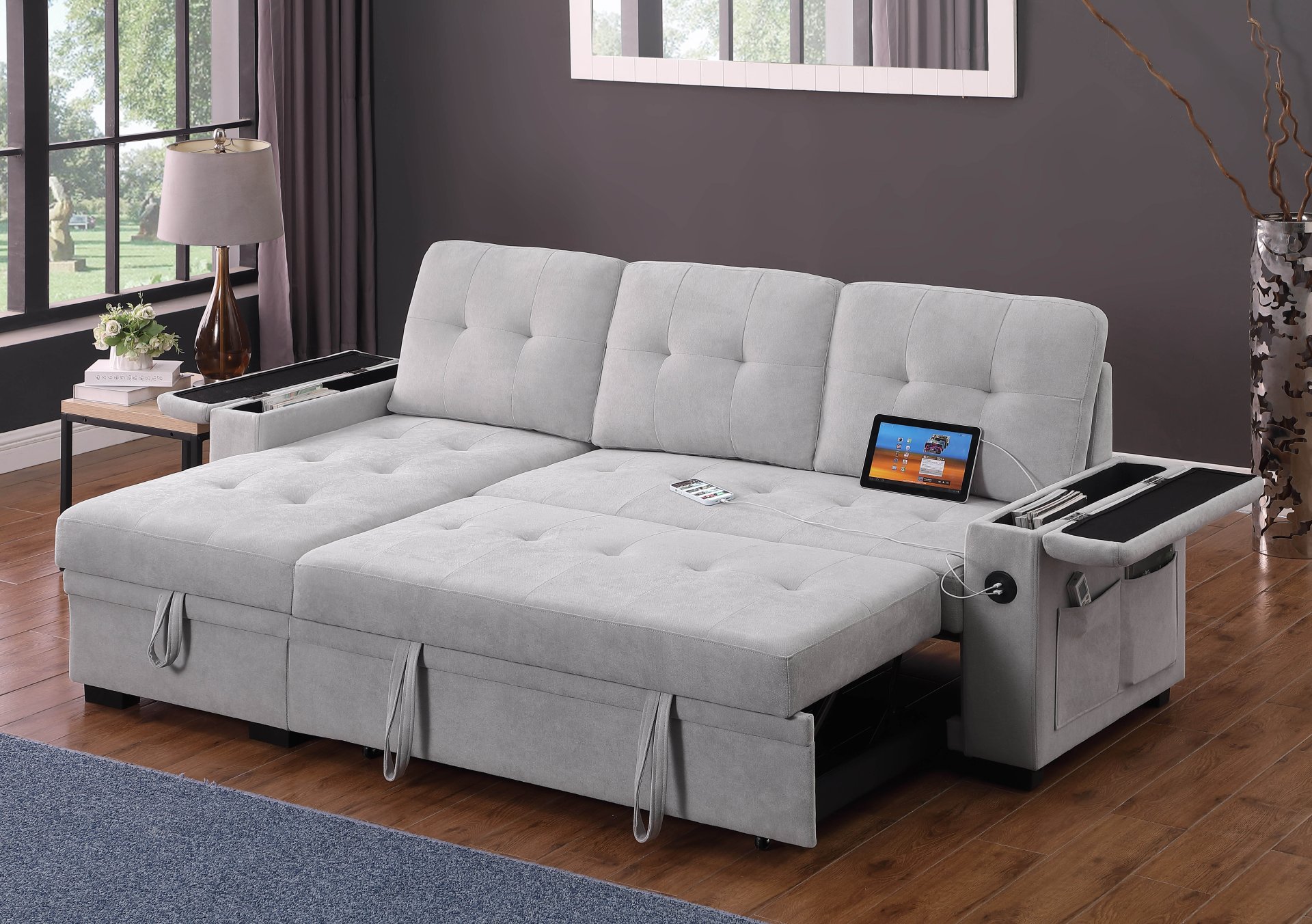 Ashlyn II - Woven Fabric Reversible Sleeper Sectional Sofa With Storage Chaise, Storage Arm, Cup Holder, Charging Ports, Side Pockets, and Pocket Coil Seating - Gray - Image 12