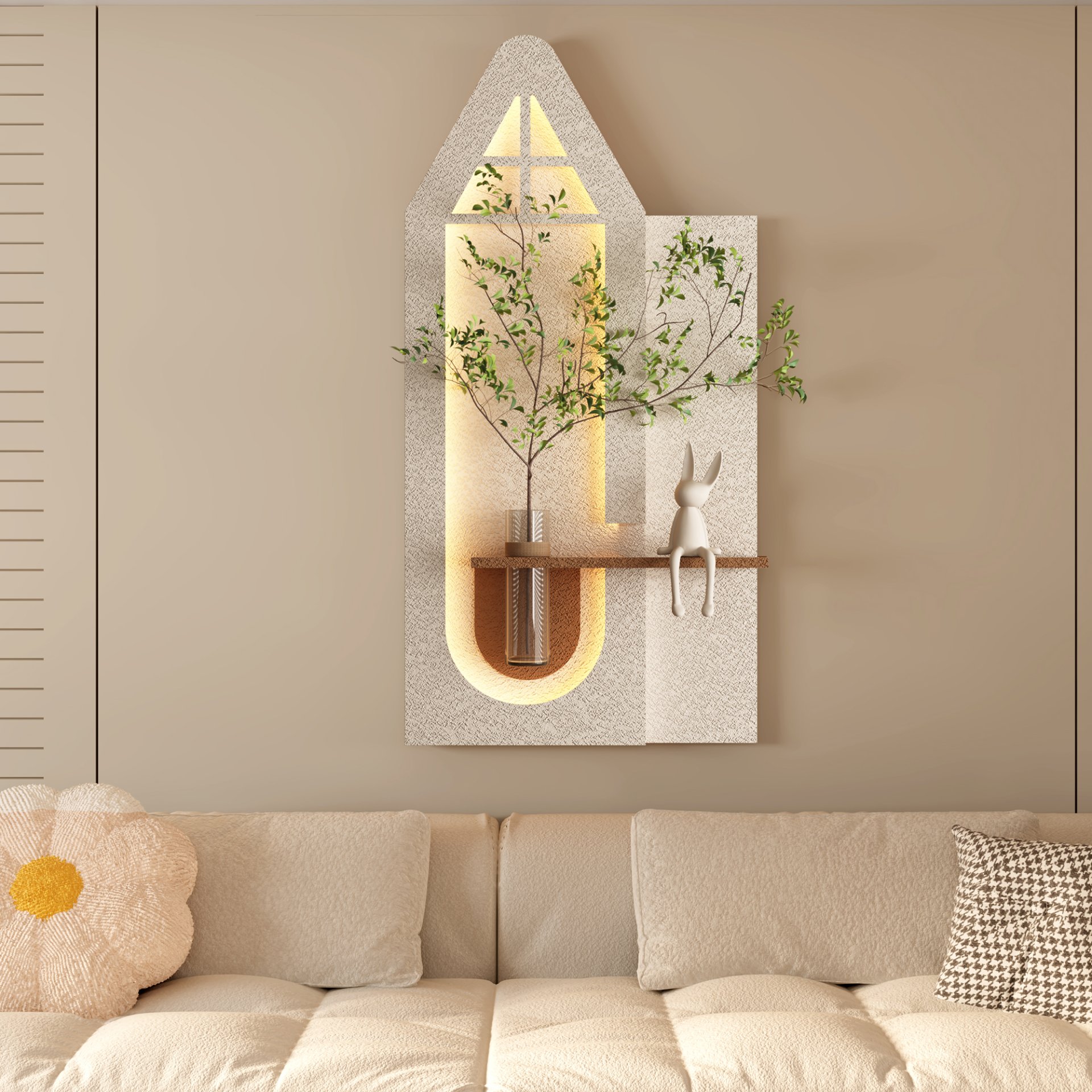 Adjustable 3 Color LED Sandstone Wall Decor With Simulated Plants, Glass Vase & Rabbit Statue - Light Coffee - Image 2