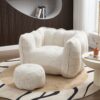 Soft Chenille Bean Bag Chair With High Resilient Foam For Living Room And Bedroom Comfortable Square Lazy Sofa With Footstool - Beige - Image 7
