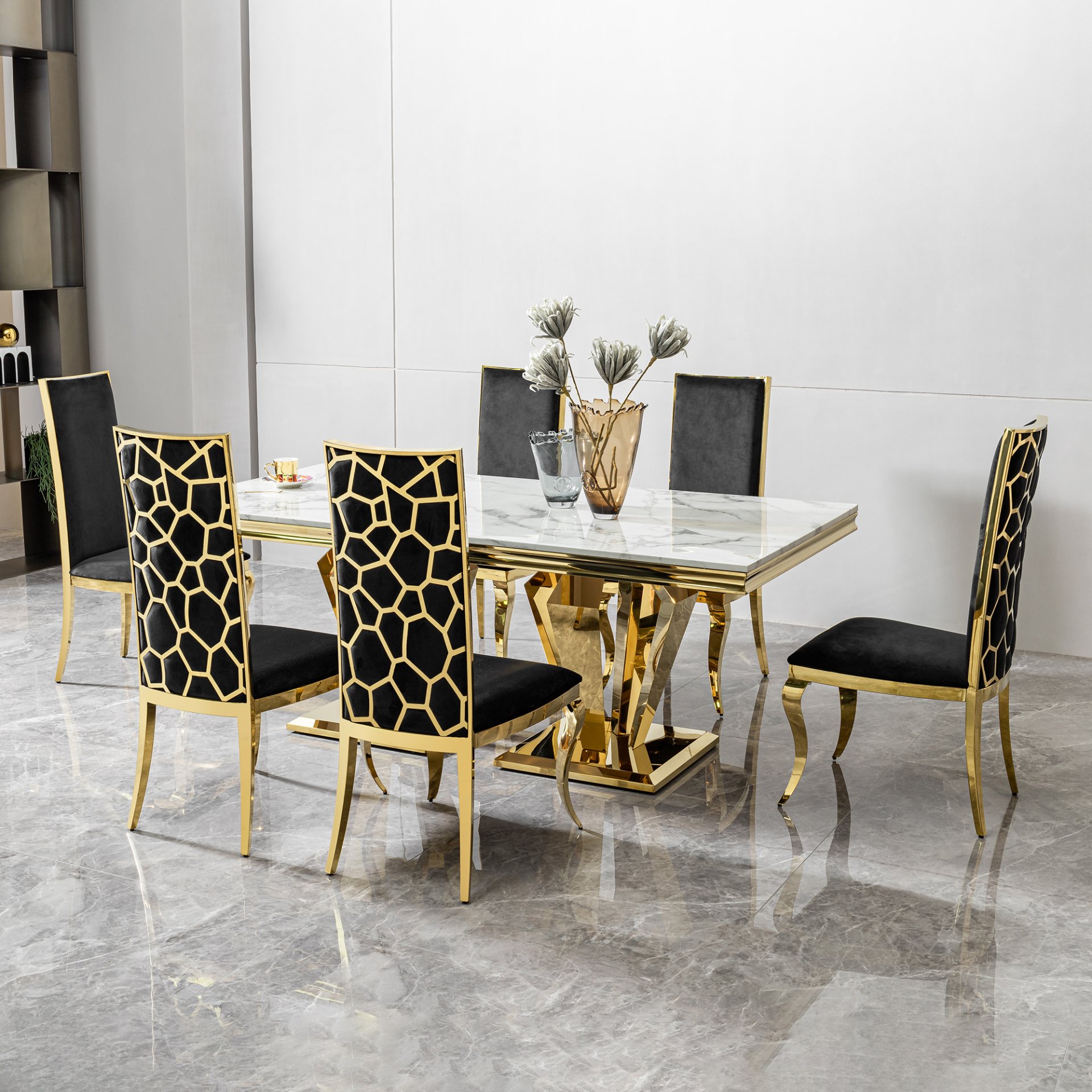 79.53 In. Elegant Marble Pattern Dining Table For 6 Or 8 Seats Polished Stainless Steel Base - Gold - Image 6