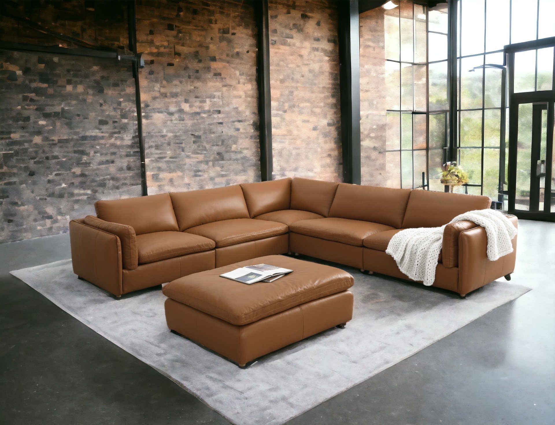 Brighton - Top Grain Leather 6 Pieces Modular Sectional With 1 Ottoman - Brown - Image 4