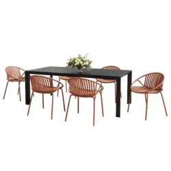 Modern Outdoor Metal And Polypropylene 7 Piece Dining Set With Stackable Chairs - Black / Orange