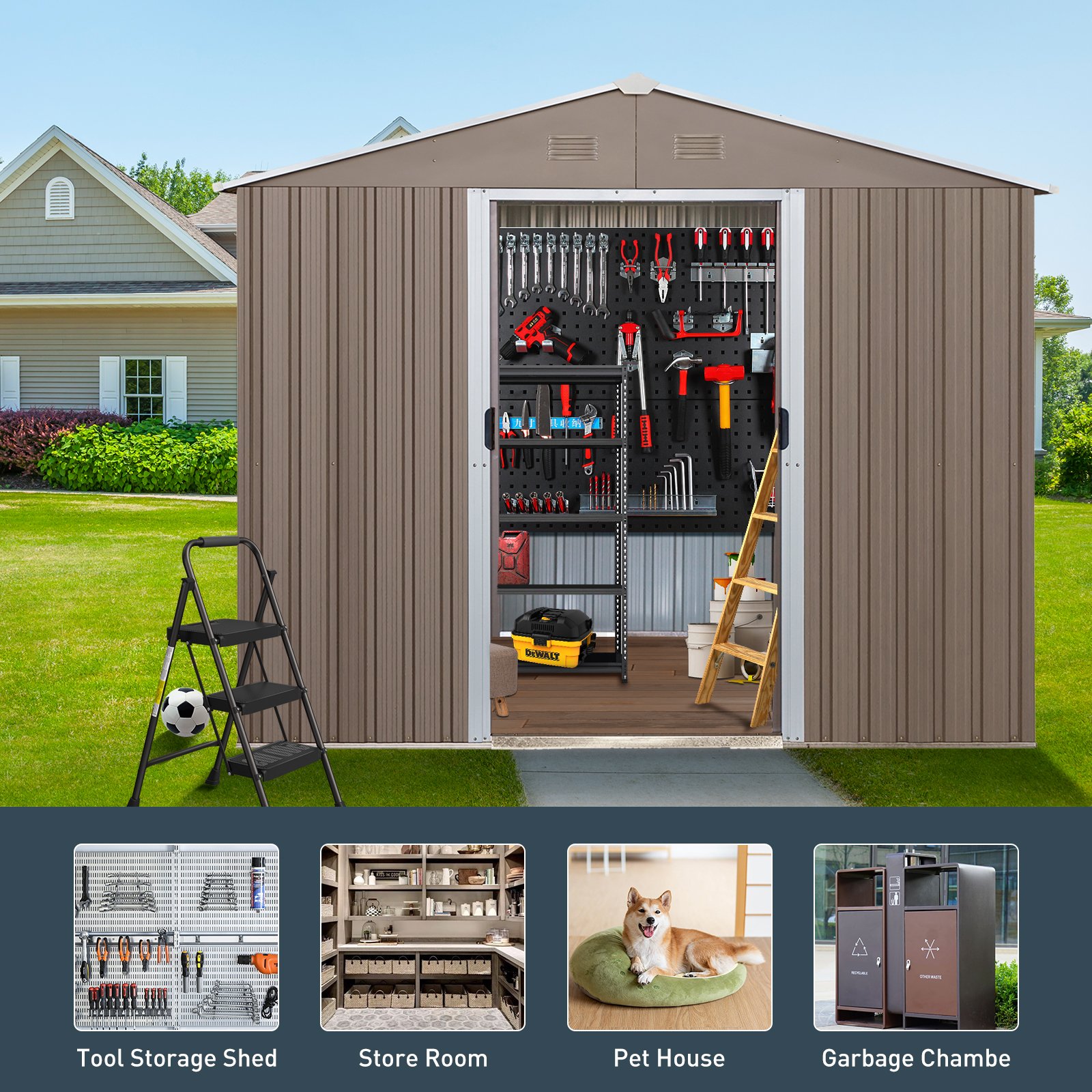 8Ft x 10Ft Outdoor Metal Storage Shed With Metal Floor Base, With Window - Gray - Image 5