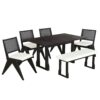 Modern 6 Piece Extendable Dining Table Set With 4 Wicker Back Upholstered Dining Chairs And Long Bench, 2 Removable Leaf - Espresso - Image 9