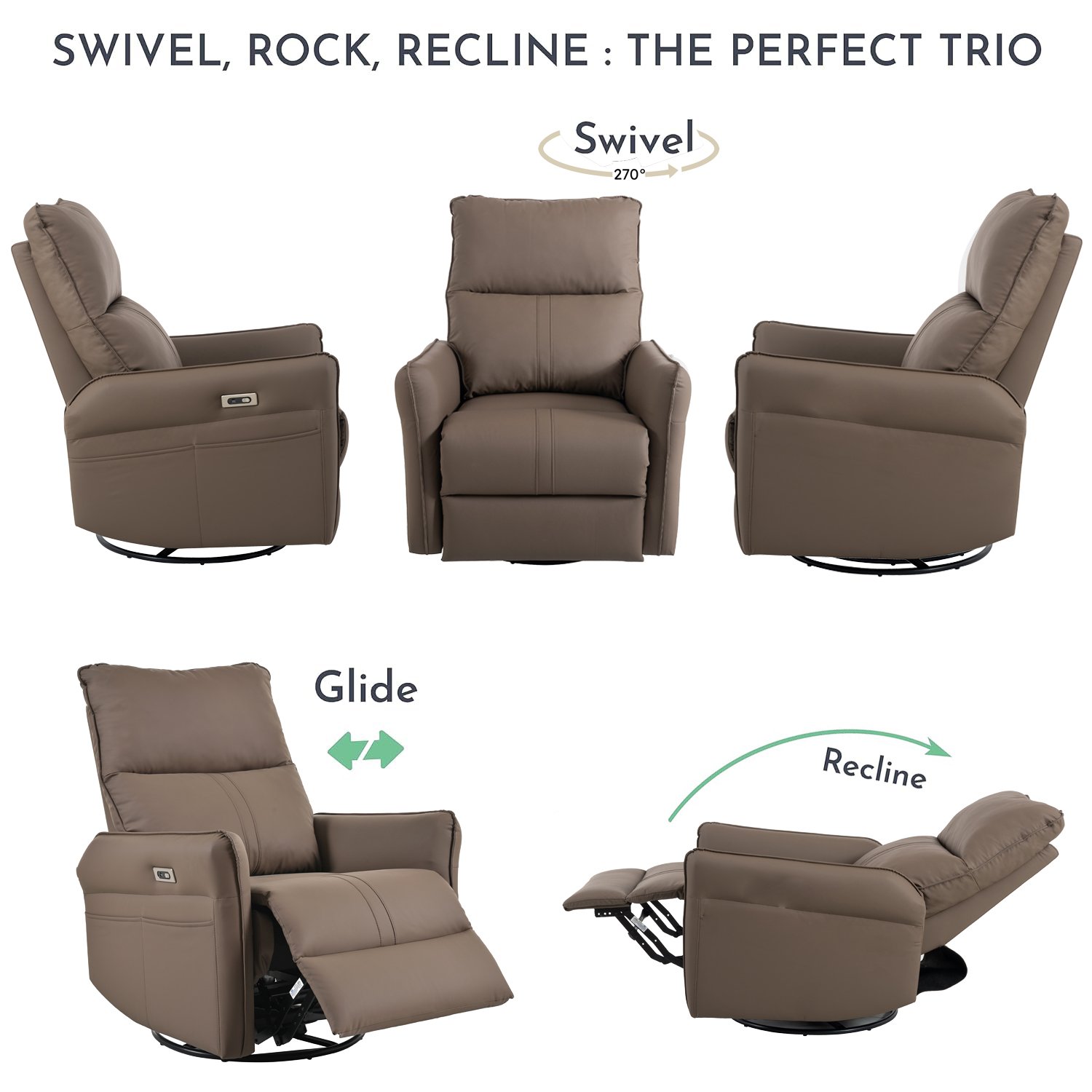 29.92" 270 Power Swivel Rocker Recliner Chair, Electric Glider Reclining Sofa With USB Ports, Power Swivel Glider, Rocking Chair Nursery Recliners For Living Room Bedroom - Brown - Image 6