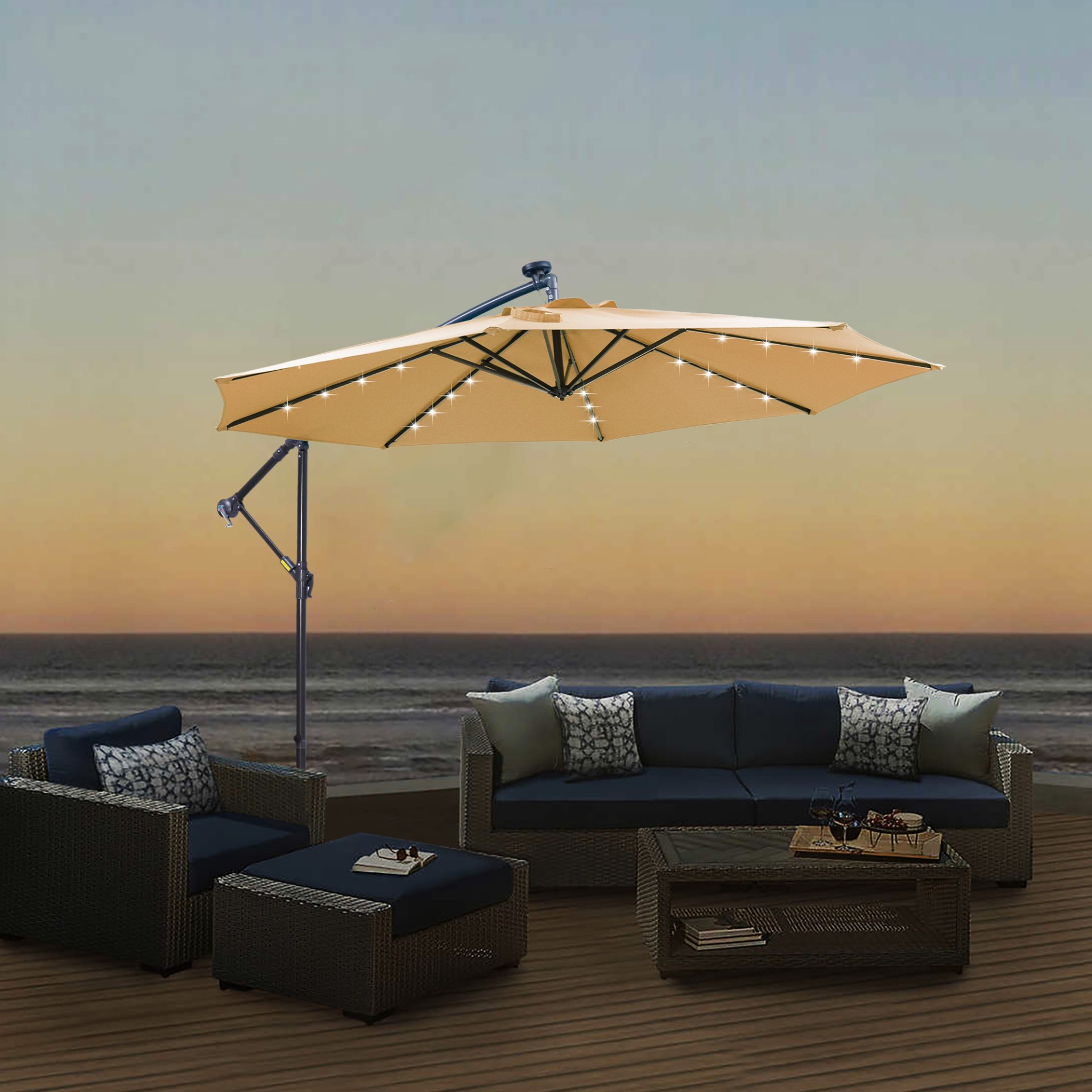 Outdoor Cantilever Patio Umbrella With 32 LED Lights 10 Ft Hanging Design Easy Open Adjustment Metal Frame - Taupe - Image 4
