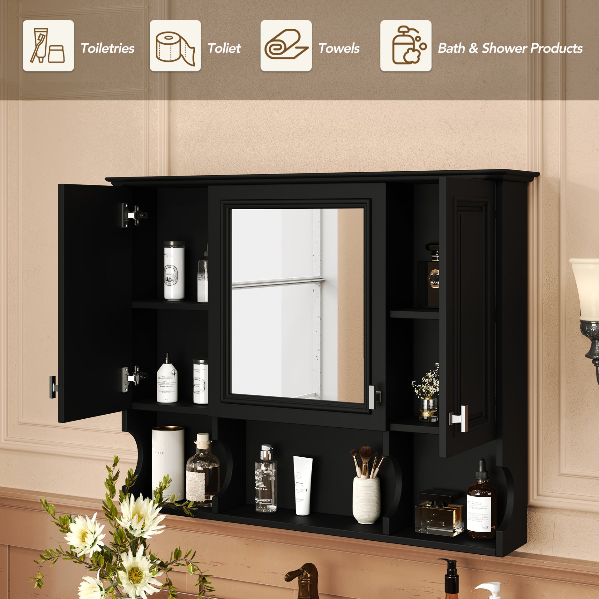 Wall Mounted Bathroom Medicine Cabinet, Modern Bathroom Wall Cabinet With Mirror, Mirror Cabinet With Open Shelves - Black - Image 7
