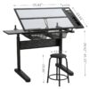 Hand Crank Adjustable Drafting Table Drawing Desk With 2 Metal Drawers With Stool - Black - Image 2