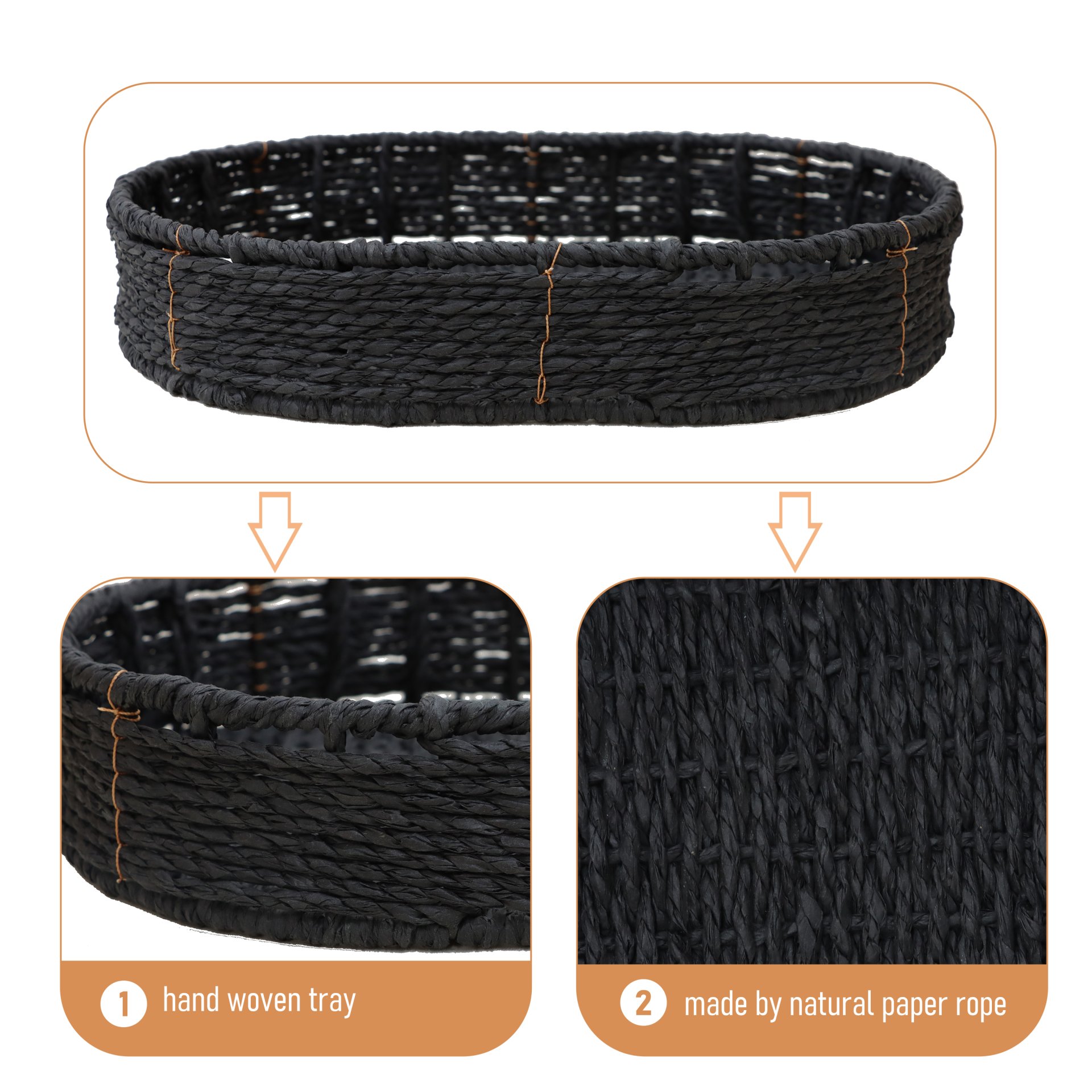 Modern 3 Tier Handwoven Side Table With Oval Organizer In Metal And Paper Rope - Black - Image 15