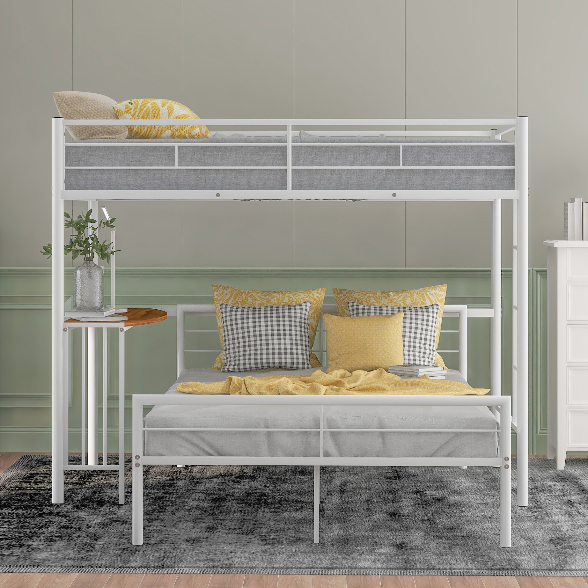 Twin Over Full Metal Bunk Bed With Desk, Ladder And Quality Slats For Bedroom - Metallic White - Image 2