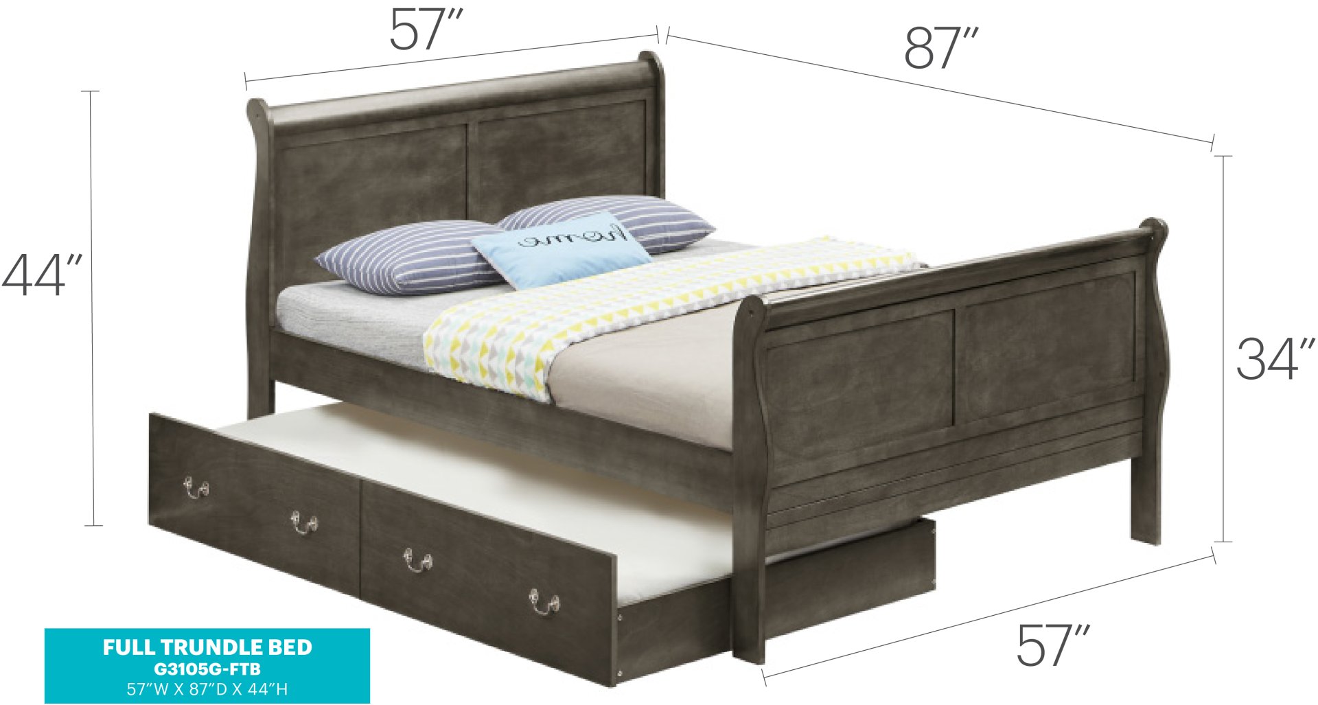 Full Elegant Trundle Bed With Timeless Charm - Gray - Image 2