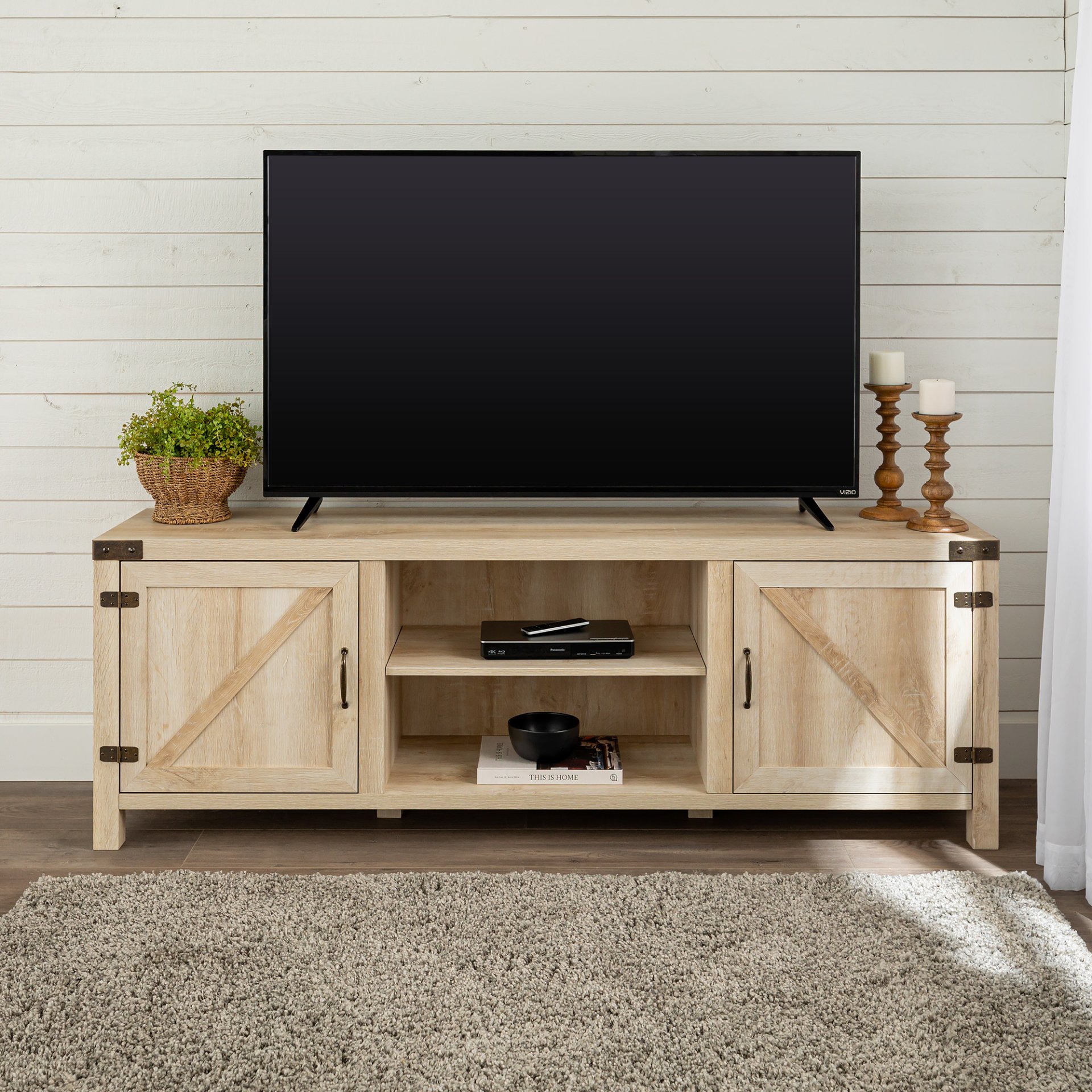 Rustic Farmhouse Double Barn Door 70" TV Stand For 80" TVs With Center Shelves - White Oak - Image 3