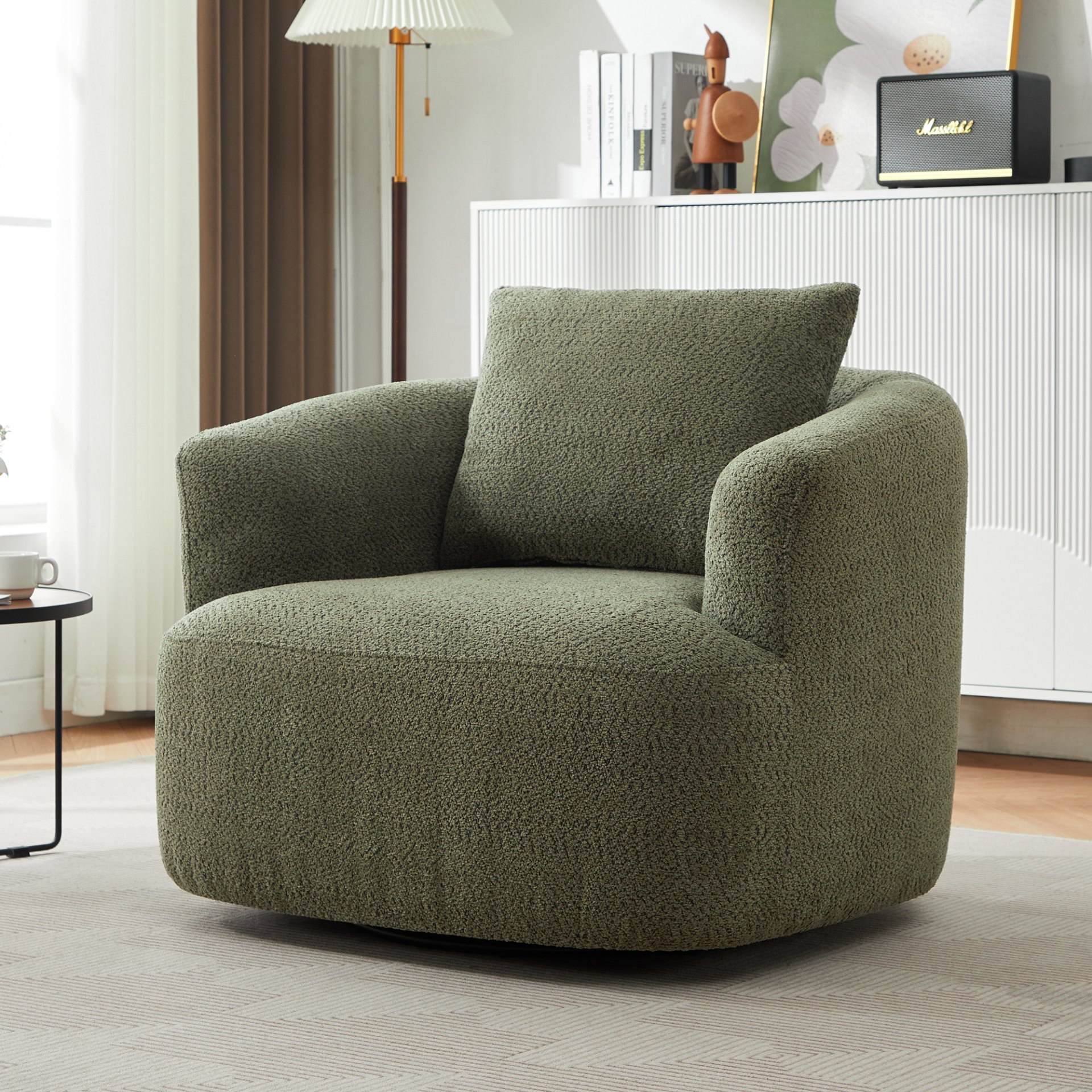 360° Swivel Chair, Chenille Upholstered Barrel Sofa Chair With Throw Pillow, For Living Room, Office - Green - Image 4