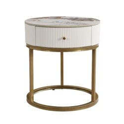 Modern Nightstand With Drawer, Marble Round End Table - White
