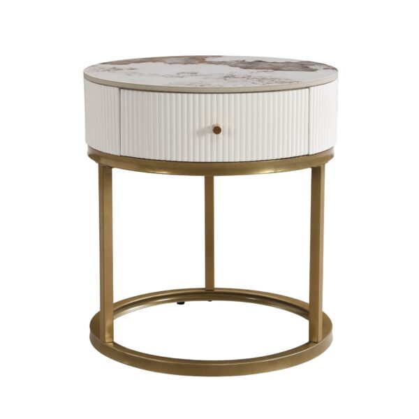 Modern Nightstand With Drawer, Marble Round End Table - White