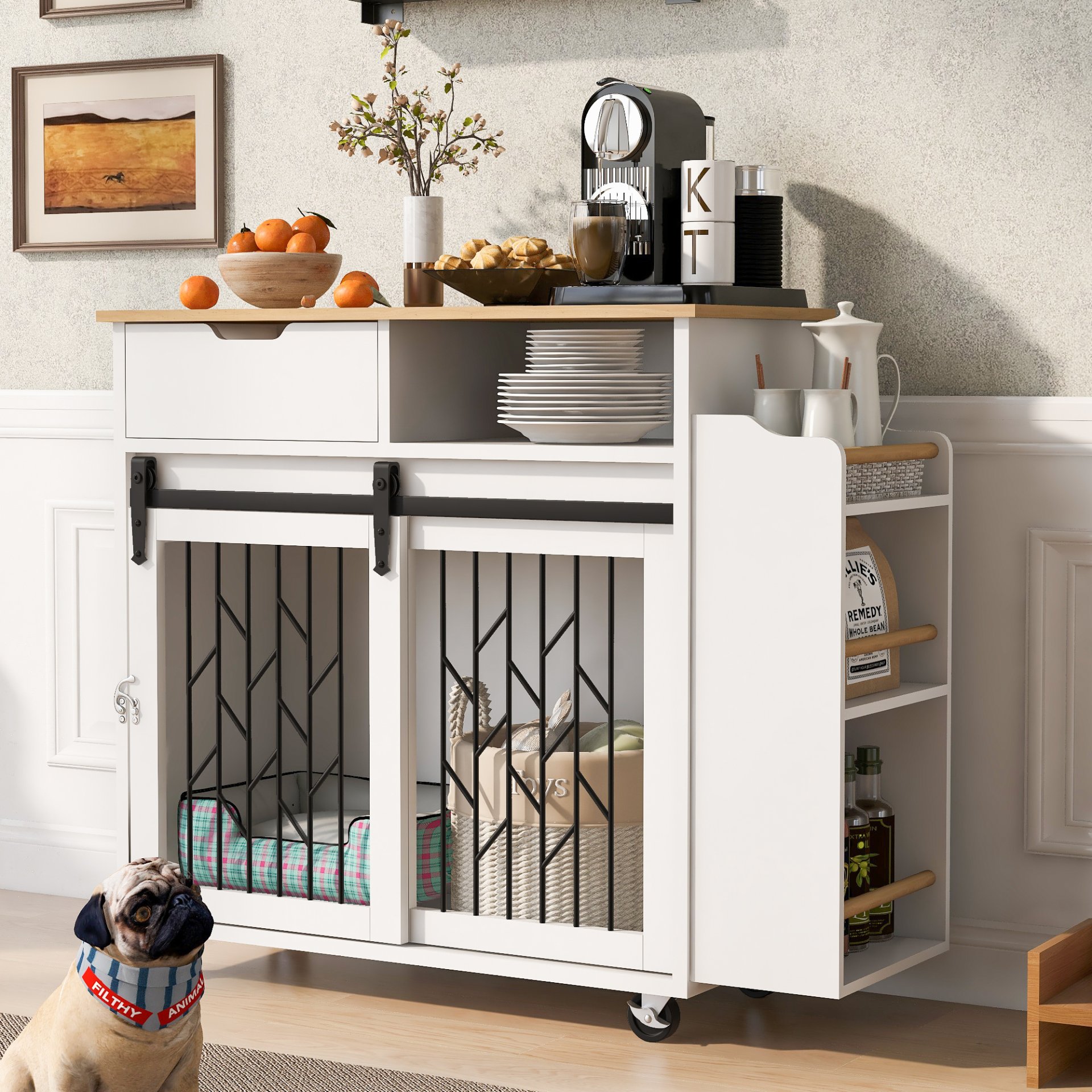 Modern Style 2 In 1 Pet Friendly Dog Crate Kitchen Island End Table Metal Pine - Natural / White - Image 4