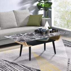 Landon - Table With Glass Black Marble Texture Top And Bent Wood Design - Coffee
