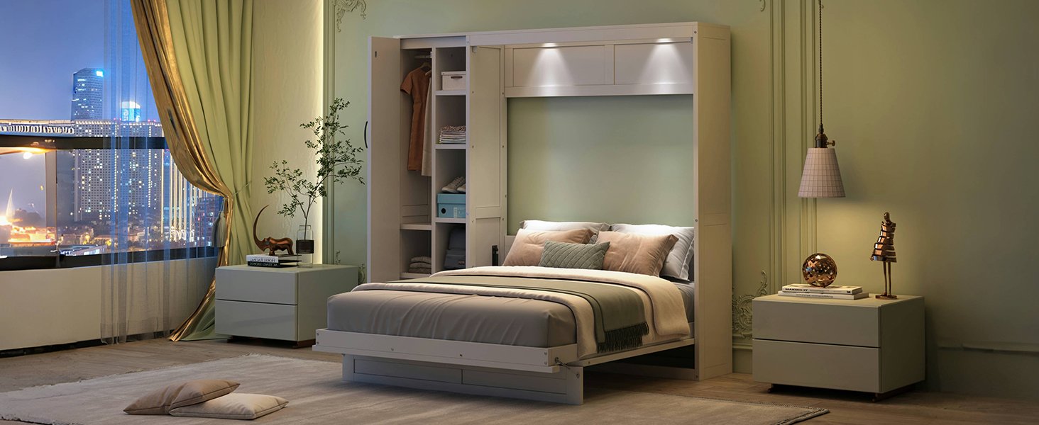 Full Size Murphy Wall Bed With Shelves, Wardrobe And LED Lights - White - Image 27