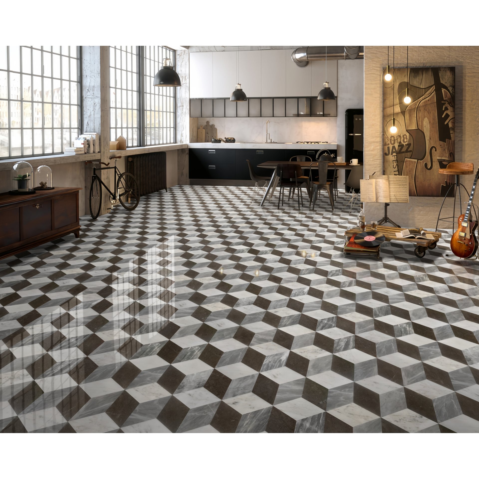 Hexagon Waterjet Marble 3 Color Marble For Floor And Wall Polished Marble Tile Stone (Set of 12) - Black / Gray / White / Black / White / Gray - Image 2