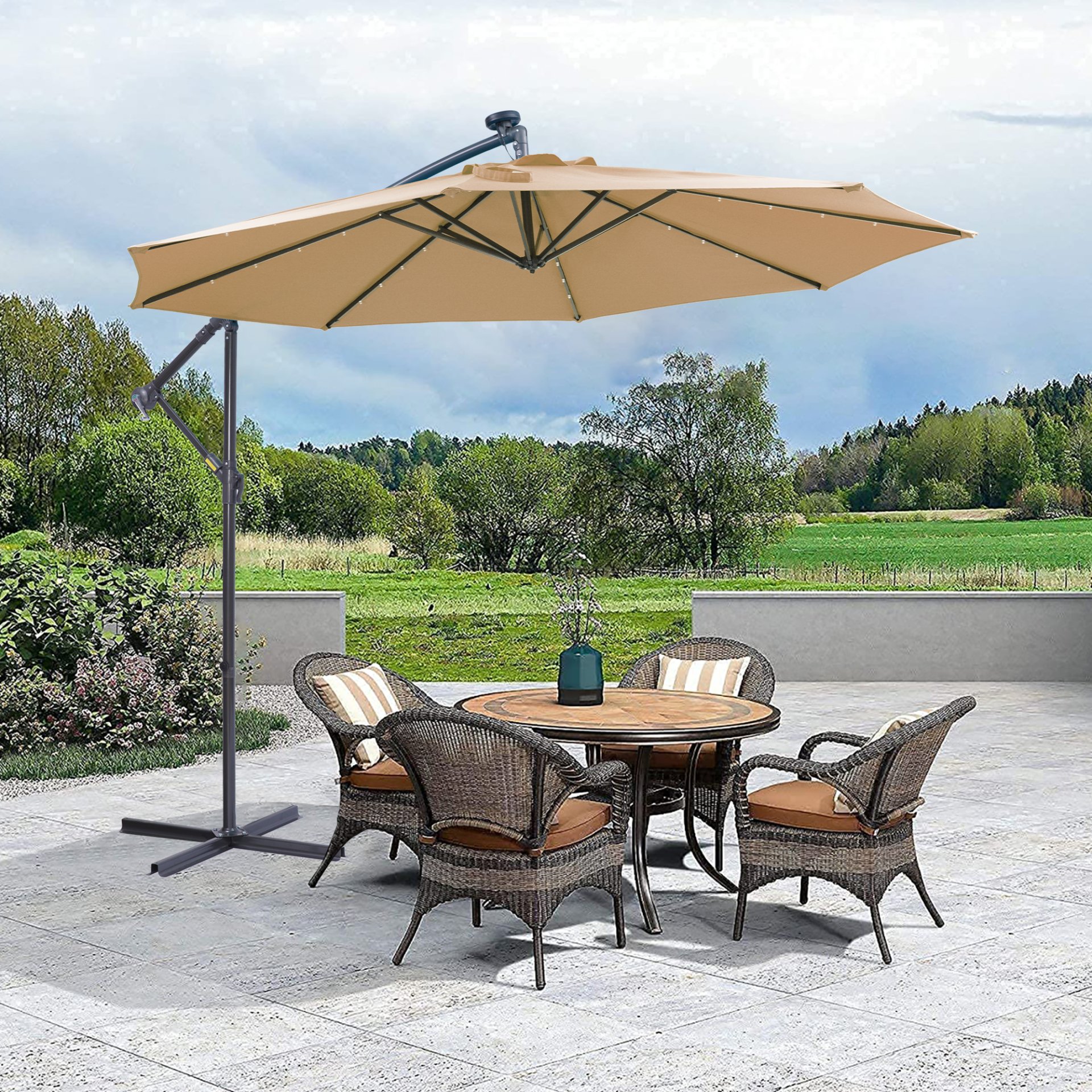 Outdoor Cantilever Patio Umbrella With 32 LED Lights 10 Ft Hanging Design Easy Open Adjustment Metal Frame - Taupe - Image 2