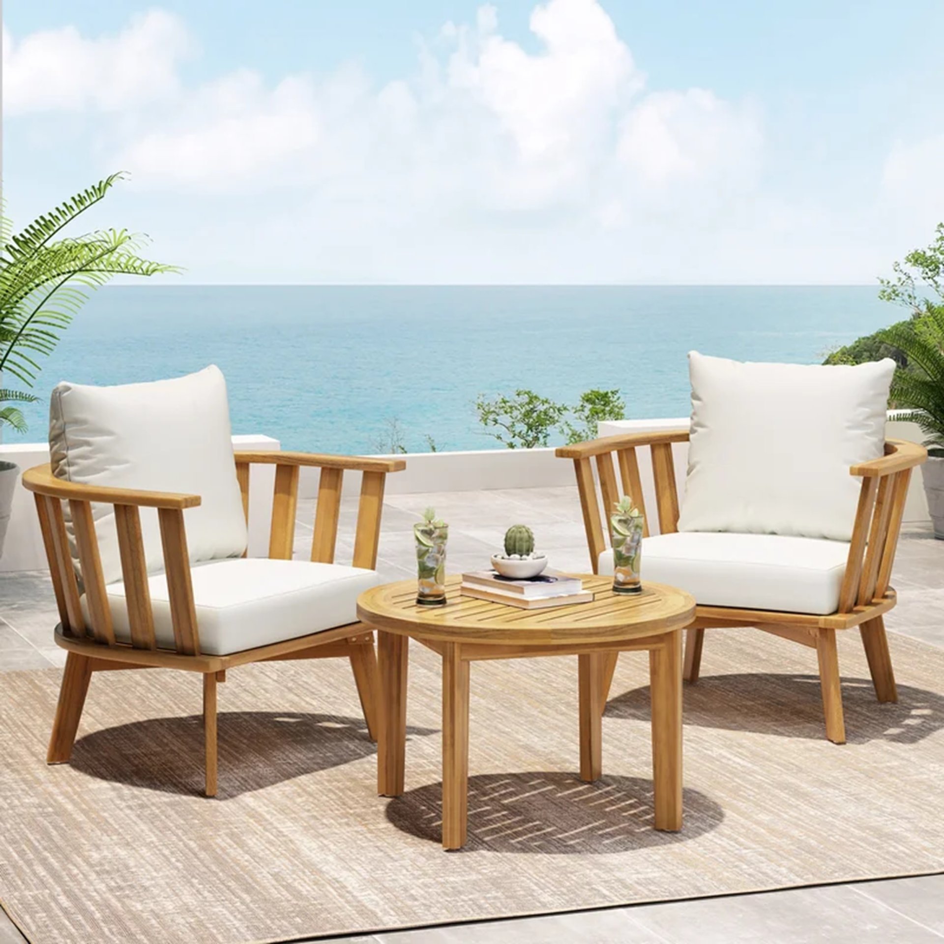 3 Piece Patio Furniture Set, Outdoor Acacia Wood Patio Club Chair With Table, Wooden Patio Furniture, Waterproof Thick Cushion Deep Seating For Porch - Teak / White - Image 4