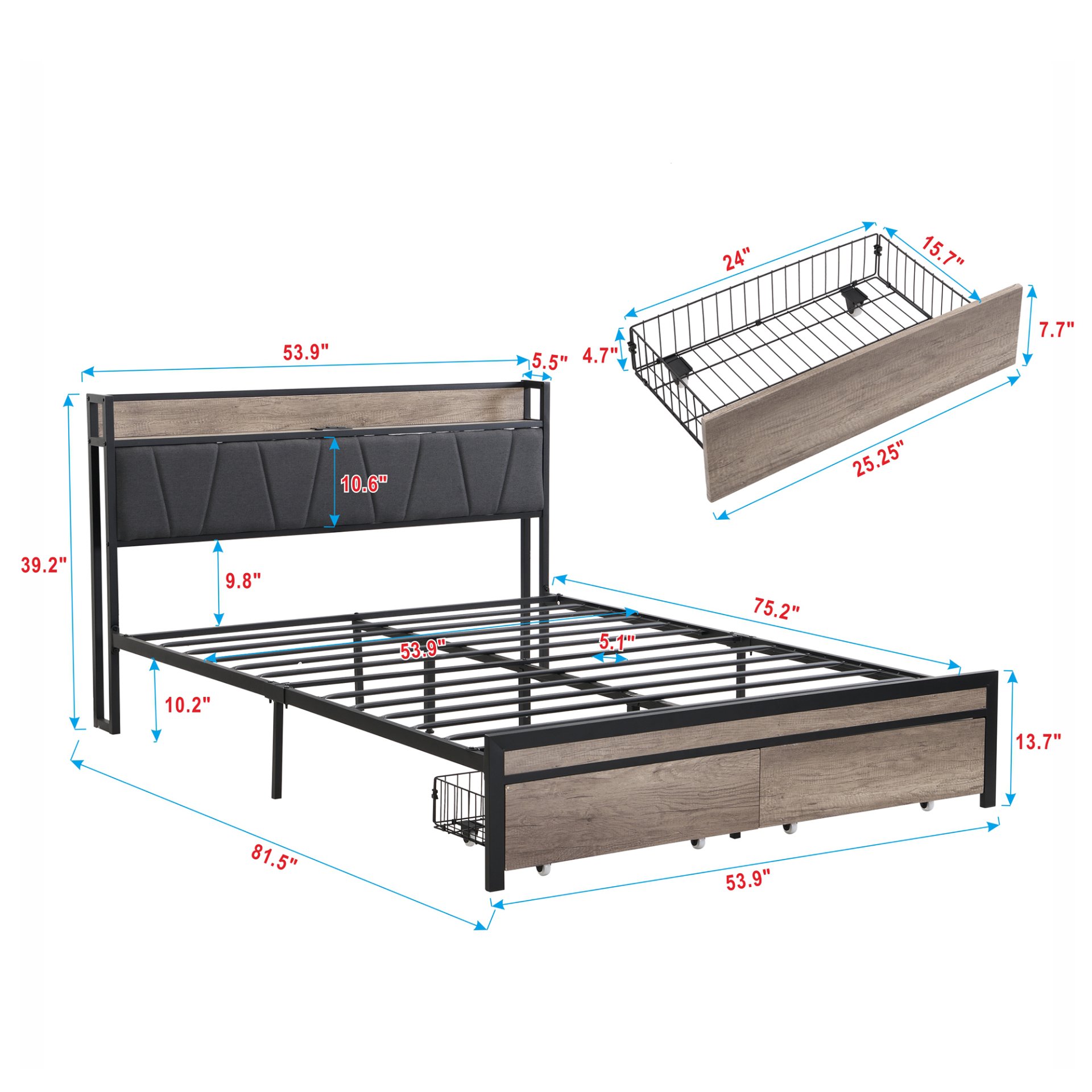 Modern Full Size Metal Platform Bed Frame With Upholstery Storage Headboard USB Liner & Footboard Drawers & - Black / Gray - Image 3