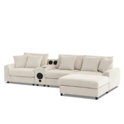 Sectional With Bluetooth Speakers L Shaped Couch With Console USB Charger, Cup Holders Storage Ottoman Deep And Wide Seat Cloud Sofa - Cream
