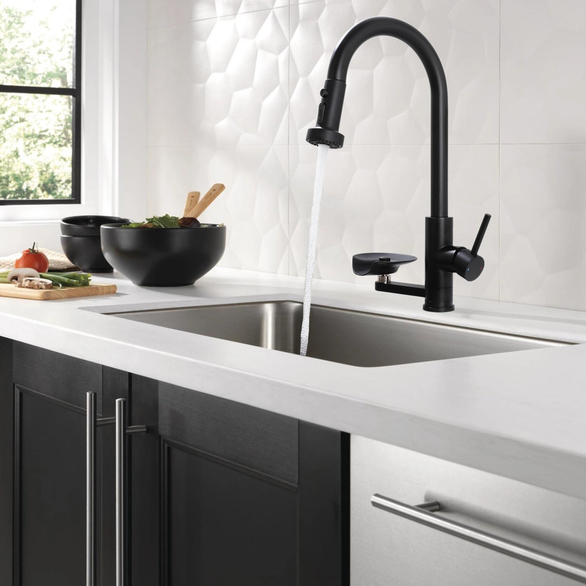 3 In 1 Kitchen Faucet With Press Type Glass Rinser, High Arc Pull Down Sprayer, 3 Function Spray Mode - Matte Black - Image 2