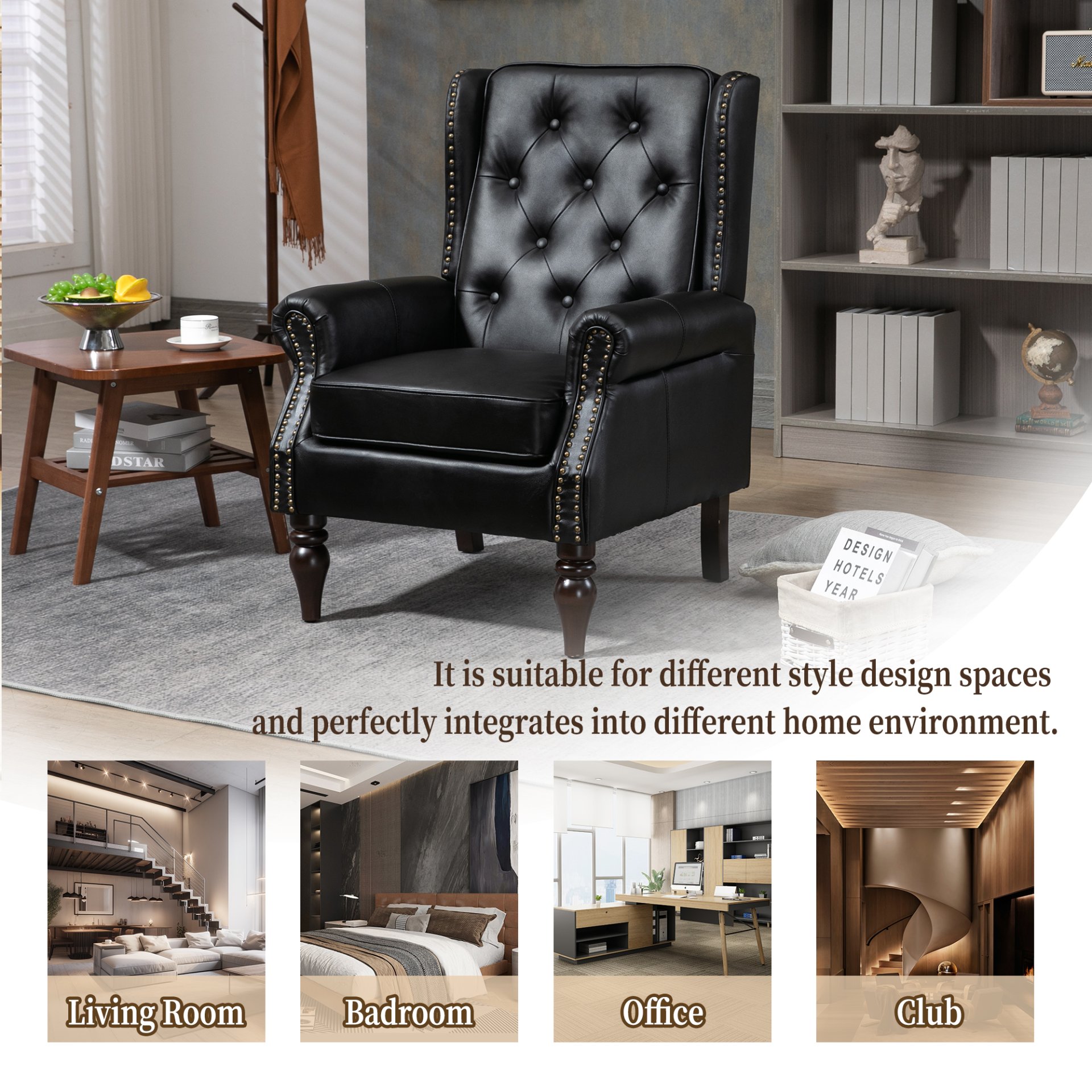 Modern Accent Armchair With Sturdy Wood Legs Leather For Living Room Or Bedroom - Black - Image 7