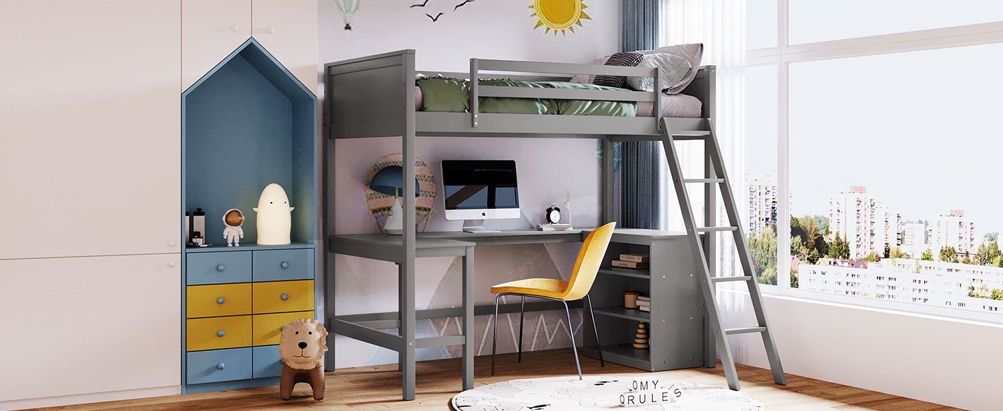 Twin Size Loft Bed With Shelves With Desk - Gray - Image 18