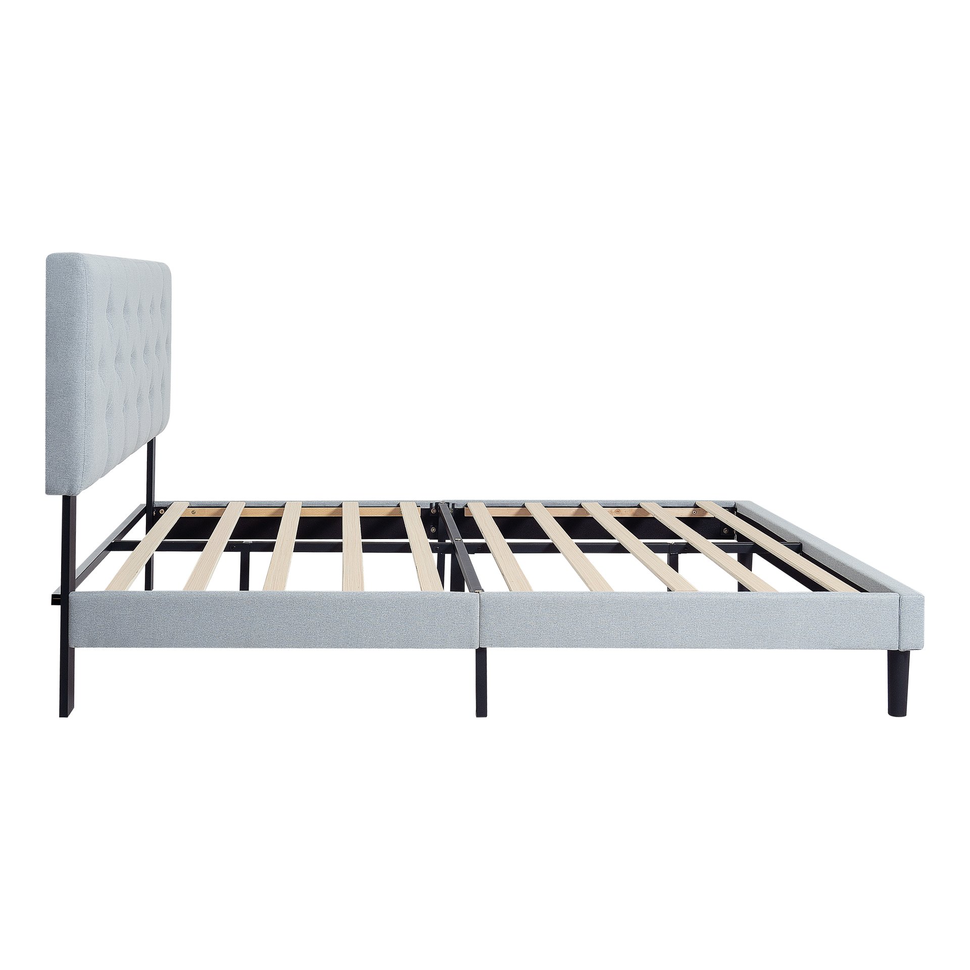 Modern Twin Size Upholstered Platform Bed Frame With Button Tufted Linen Fabric Headboard - Light Gray - Image 4