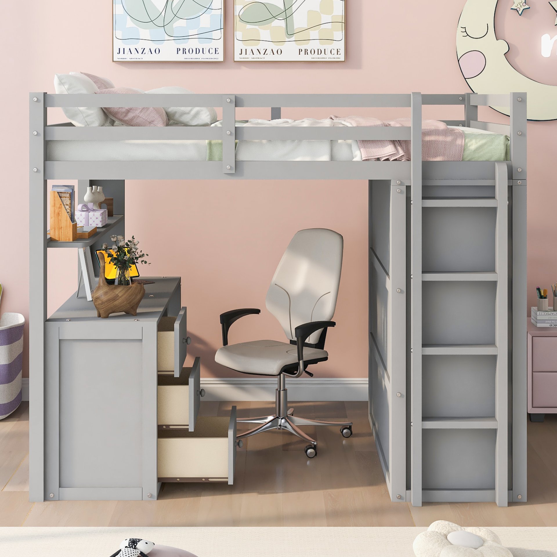 Full Size Loft Bed With Drawers, Desk, And Wardrobe - Gray - Image 2
