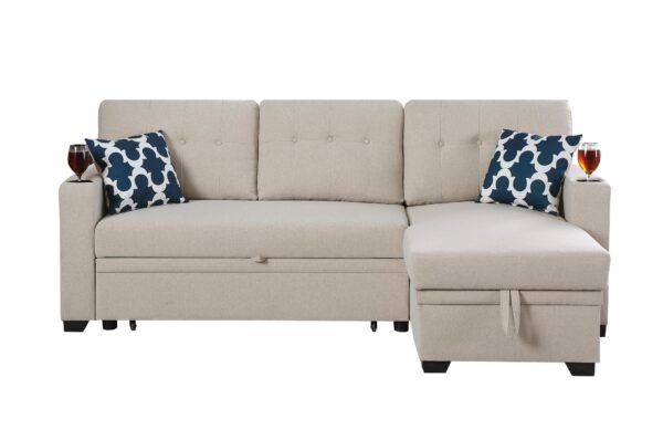Sectional With Storage Chaise And Cupholder Armrest - Beige
