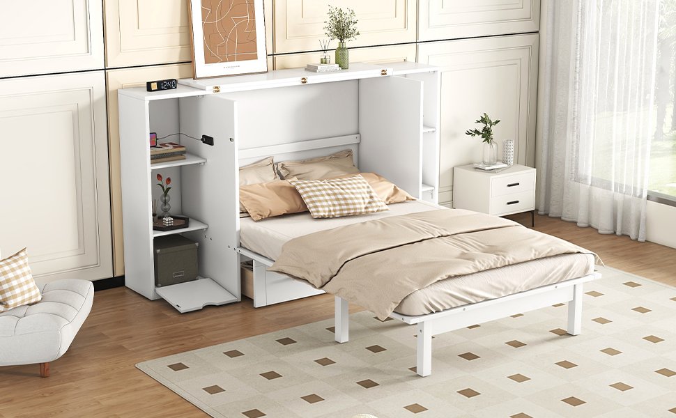 Queen Size Murphy Bed With Shelves, Drawers And USB Ports - White - Image 15