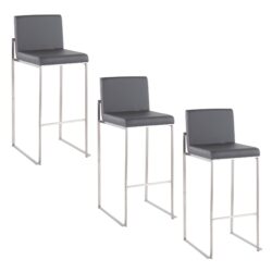 Fuji - Contemporary High Back Barstool (Set of 3) - Gray - Faux Leather