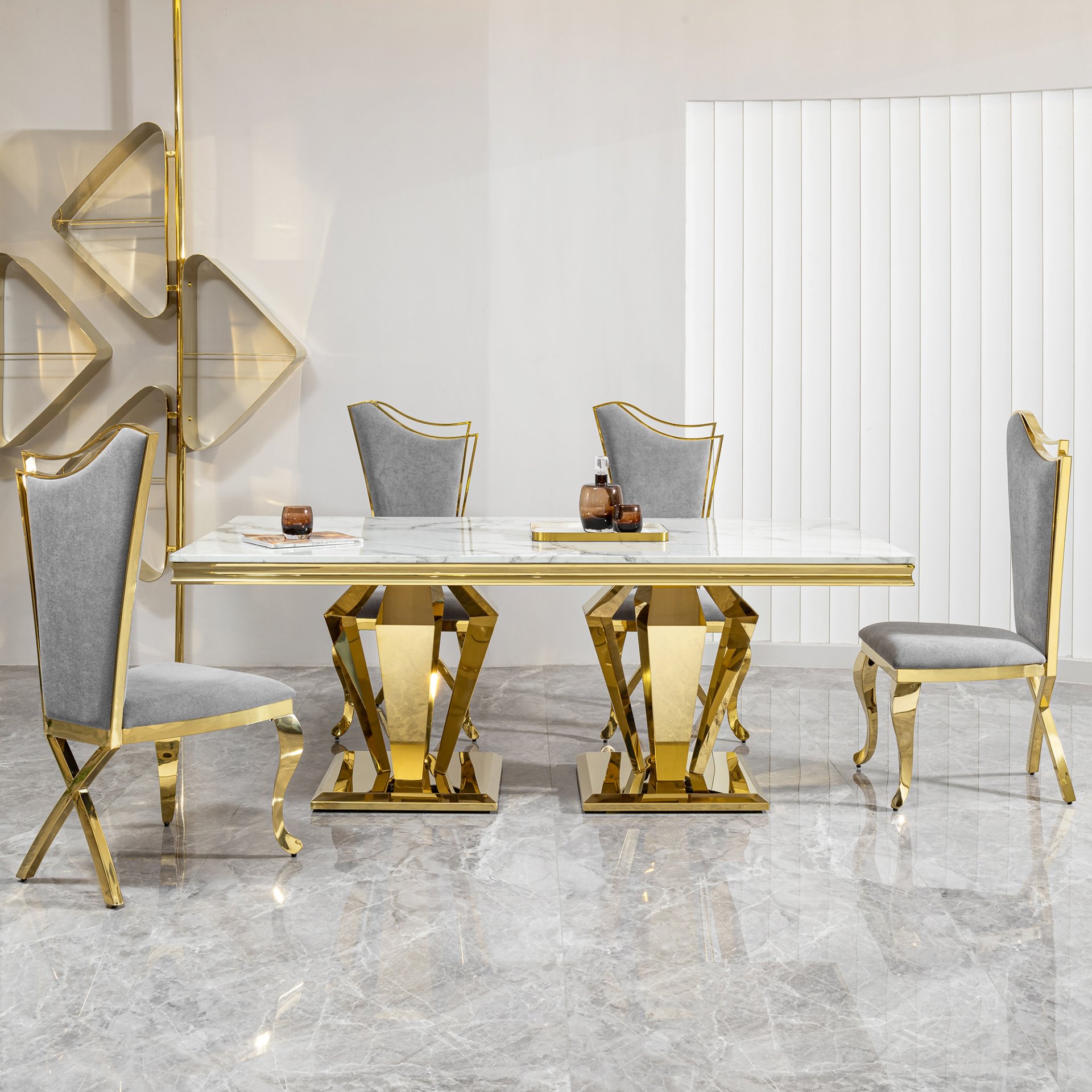 79.53 In. Elegant Marble Pattern Dining Table For 6 Or 8 Seats Polished Stainless Steel Base - Gold - Image 9