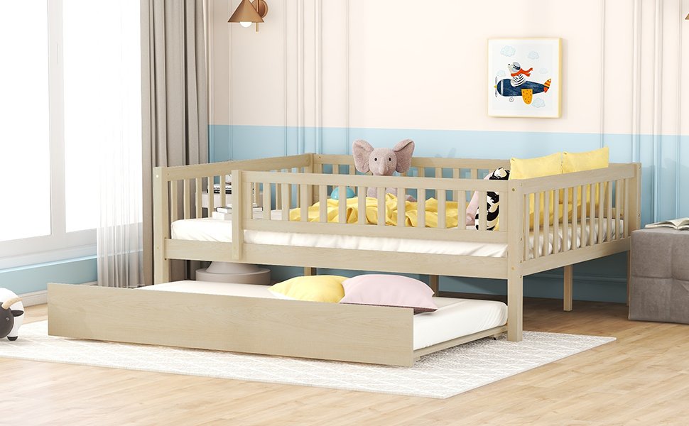Full Size Daybed With Trundle And Fence Guardrails - Natural - Image 15