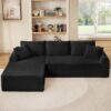 Full Compression Chaise Lounge Set Modular Corduroy Sectional With Arched Armrests Non Slip Base Includes 3 Back Cushions & 2 Throw Pillows - Black - Image 2