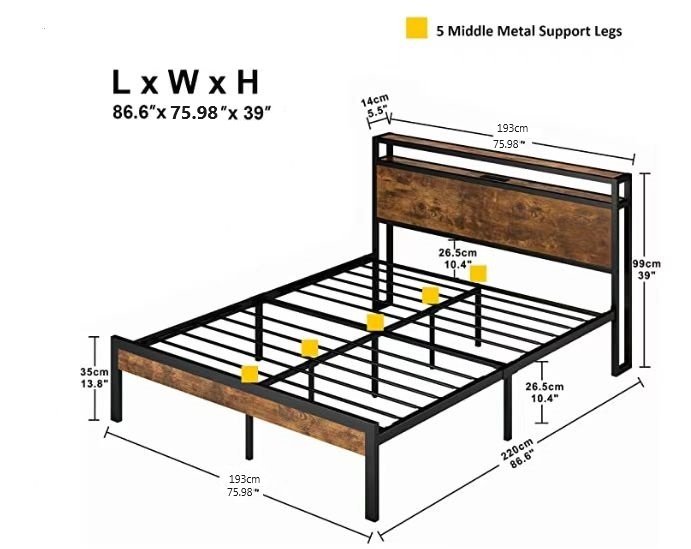 King Size Metal Platform Bed Frame With Wooden Headboard And Footboard With USB Liner, LED Lights, No Box Spring Needed, Large Under Bed Storage - Brown - Image 10