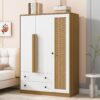 3 Doors Rattan Wardrobe Storage For Bedroom, With 2 Drawers - White / Nature - Image 12