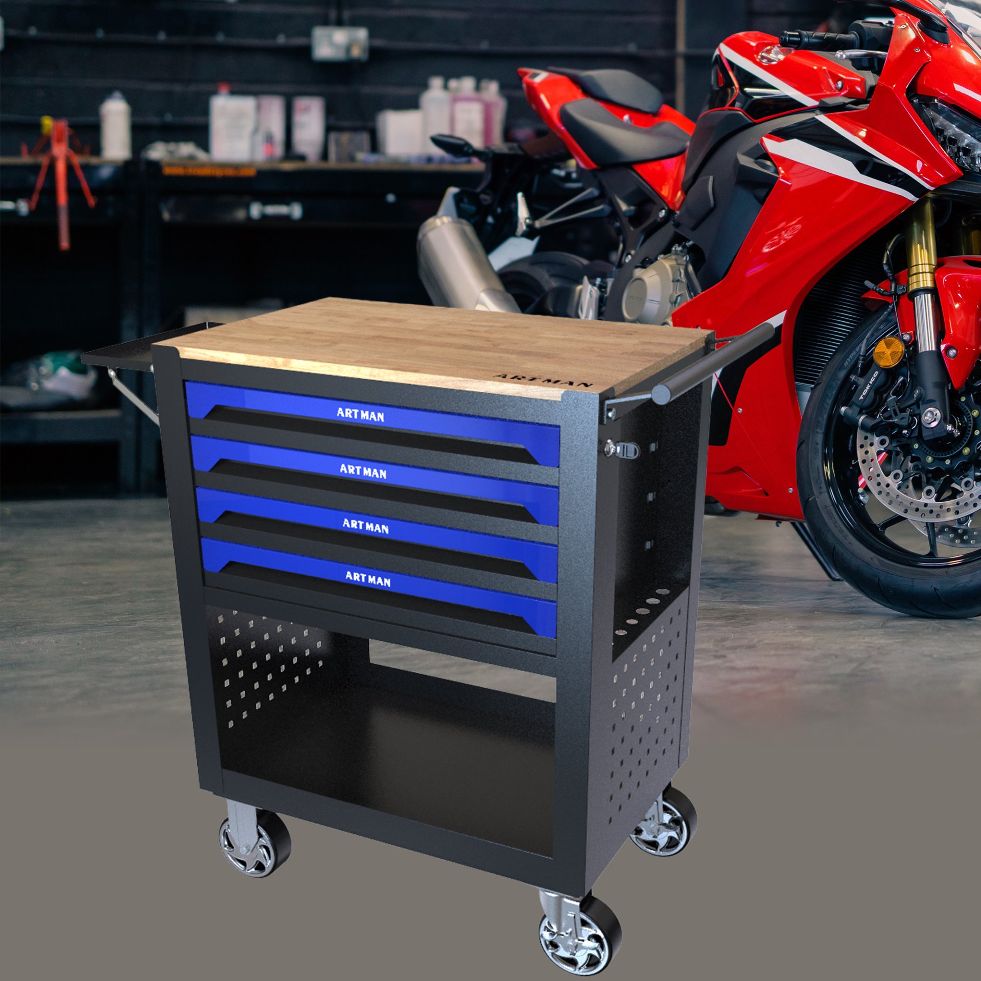 4 Drawers Multifunctional Tool Cart With Wheels And Wooden Top - Black / Blue - Image 13