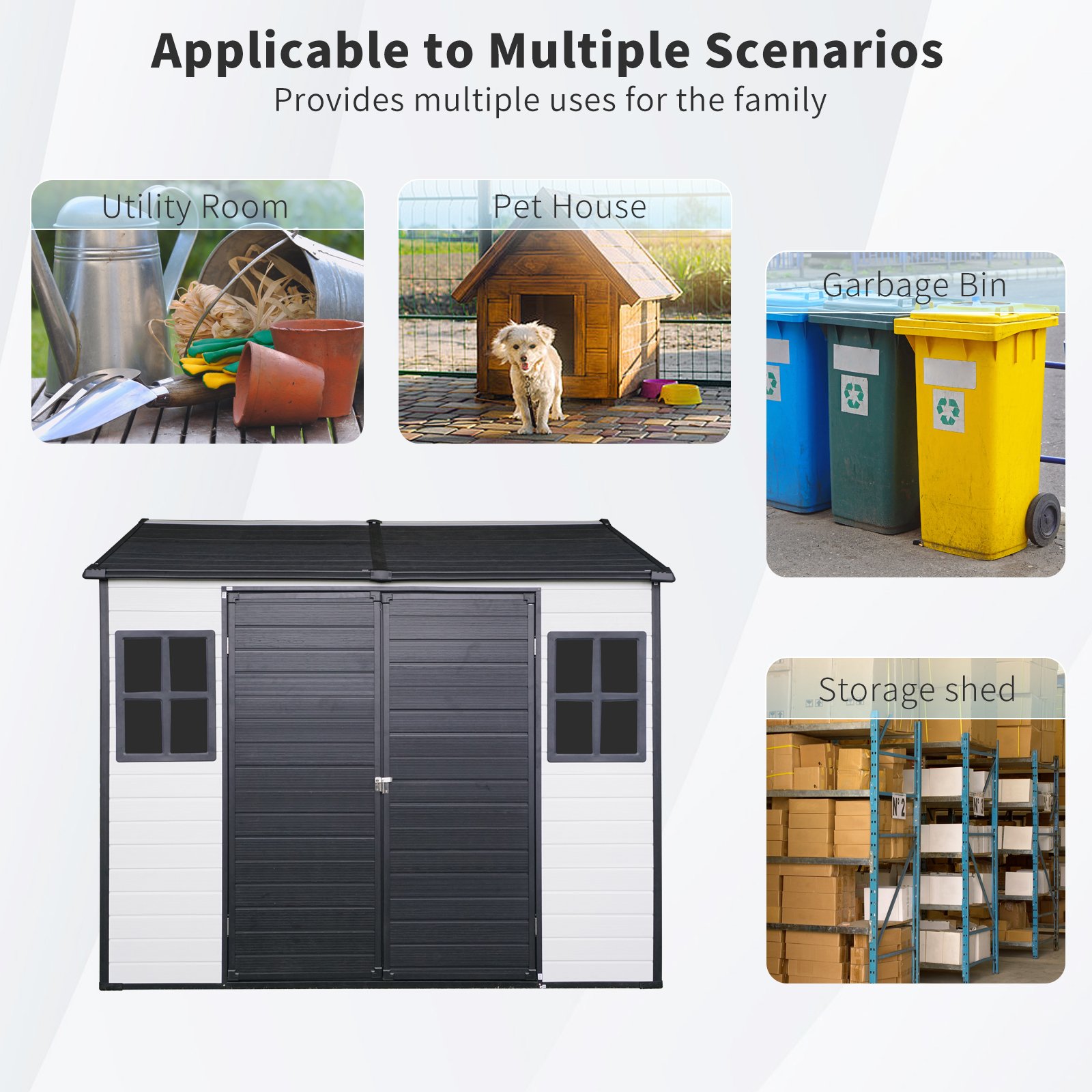 8 X 6 Ft Resin Outdoor Storage Shed Waterproof Shed With Floor & Two Windows & Lockable Door, Tool Shed For Garden, Patio, Backyard - Gray / White - Image 8