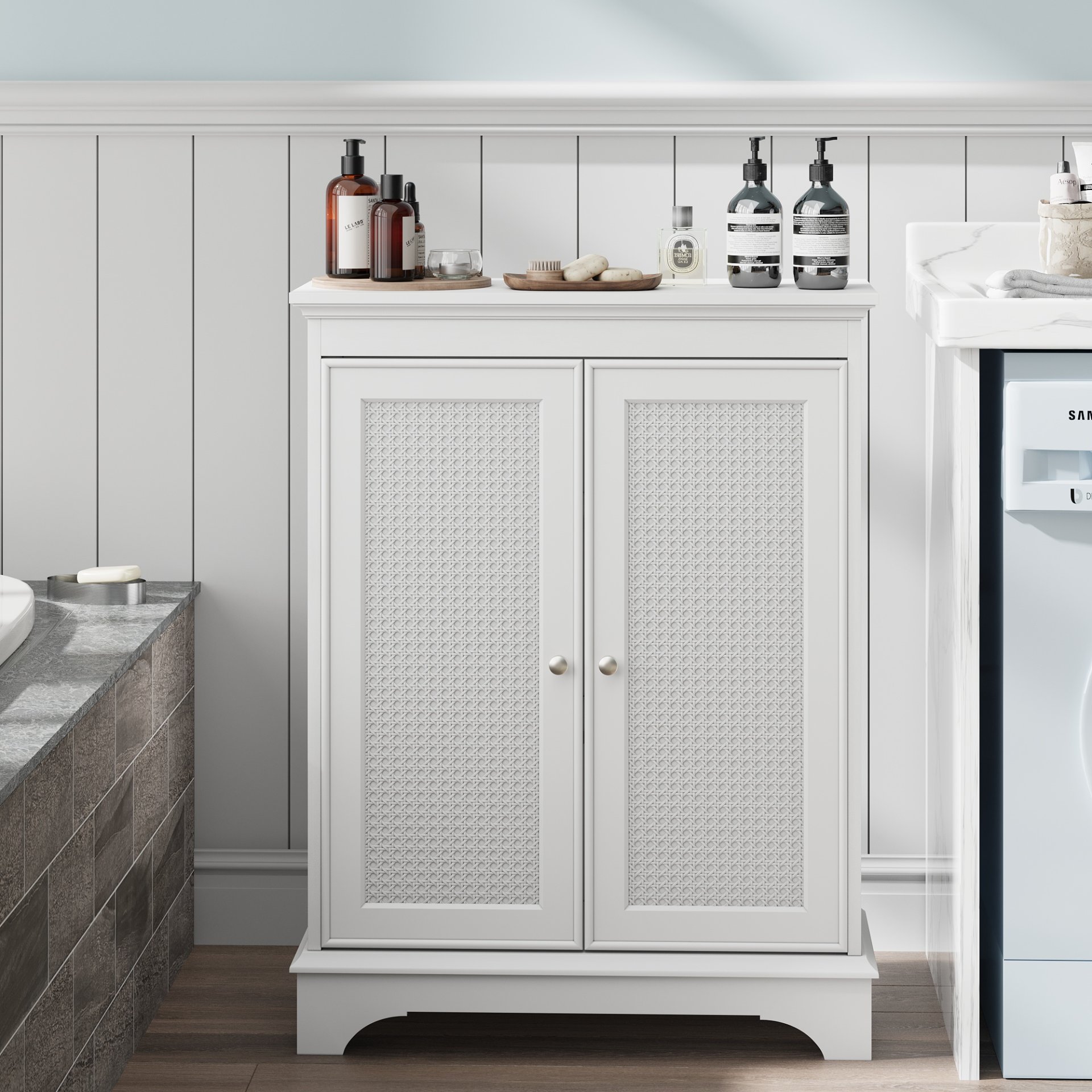 White 2 Door Rattan Storage Cabinet With Adjustable Partition, Medieval Modern Independent Buffet Cabinet, Multifunctional Decorative Cabinet Suitable For Living Room, Kitchen, Bathroom - White - Image 9