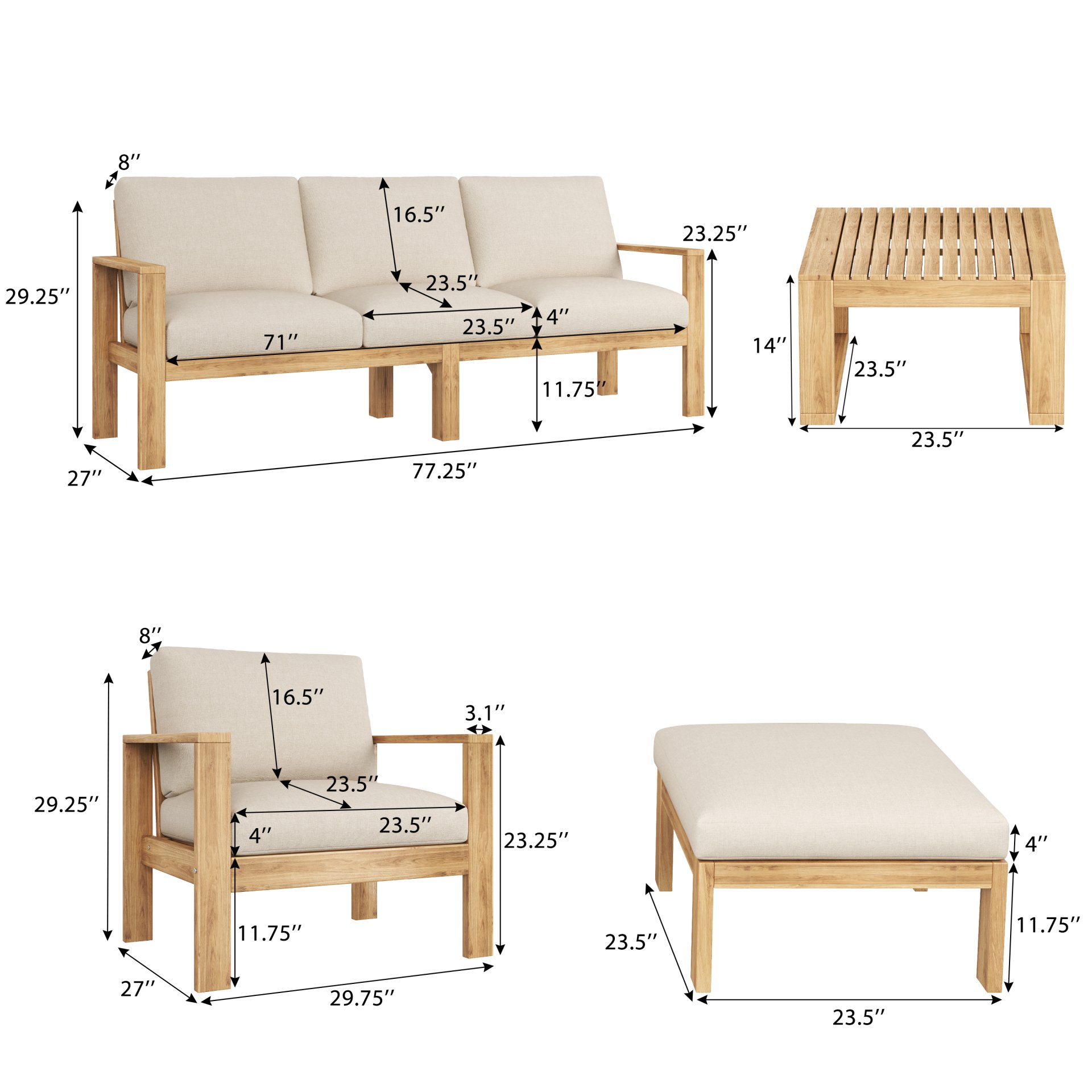 Outdoor 4 Pieces Acacia Sectional Patio Sofa Set - Light Gray / Teak - Image 3