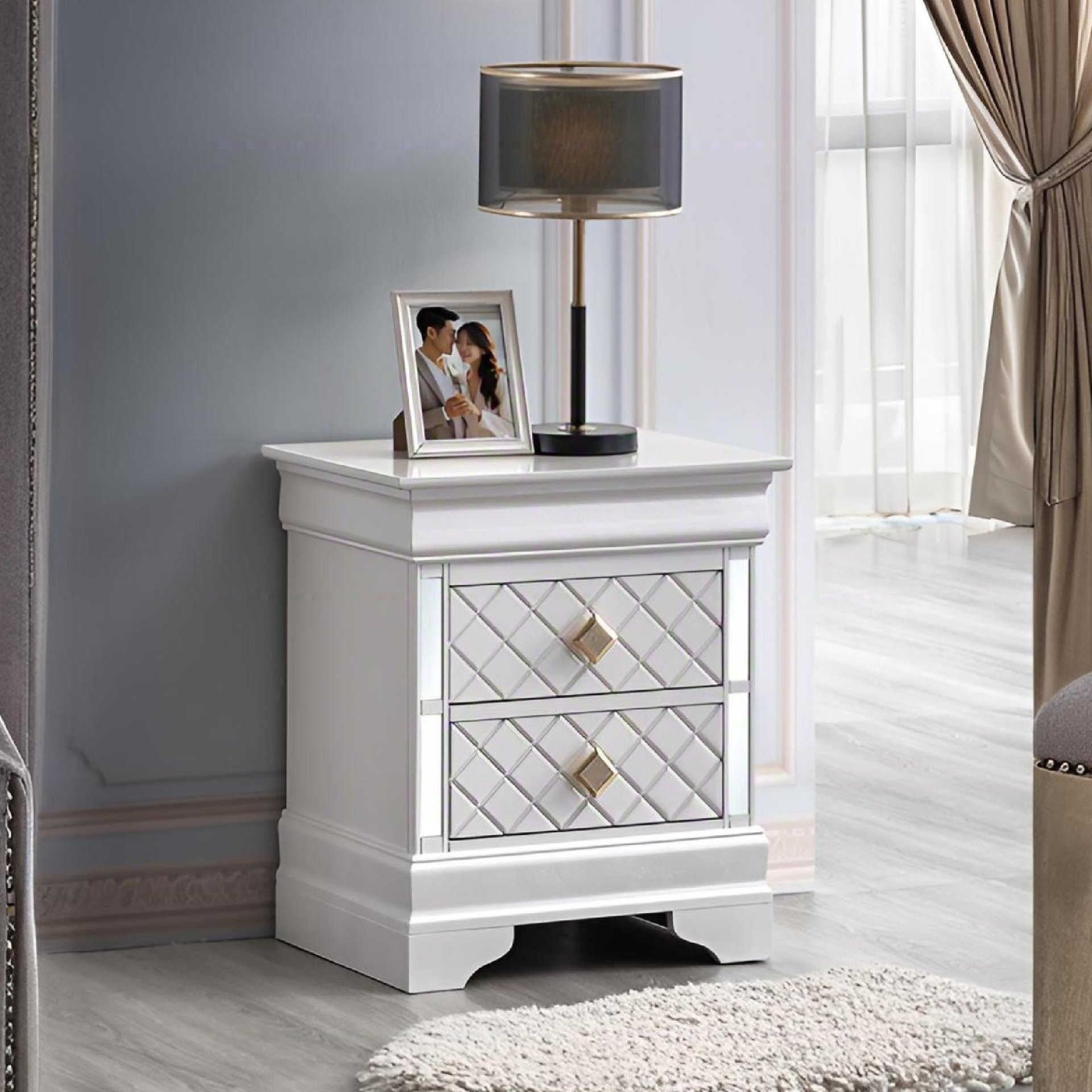 Verona - Nightstand With Gold Handles And Faux Crystal Accents, 2 Drawer Storage - White - Image 2