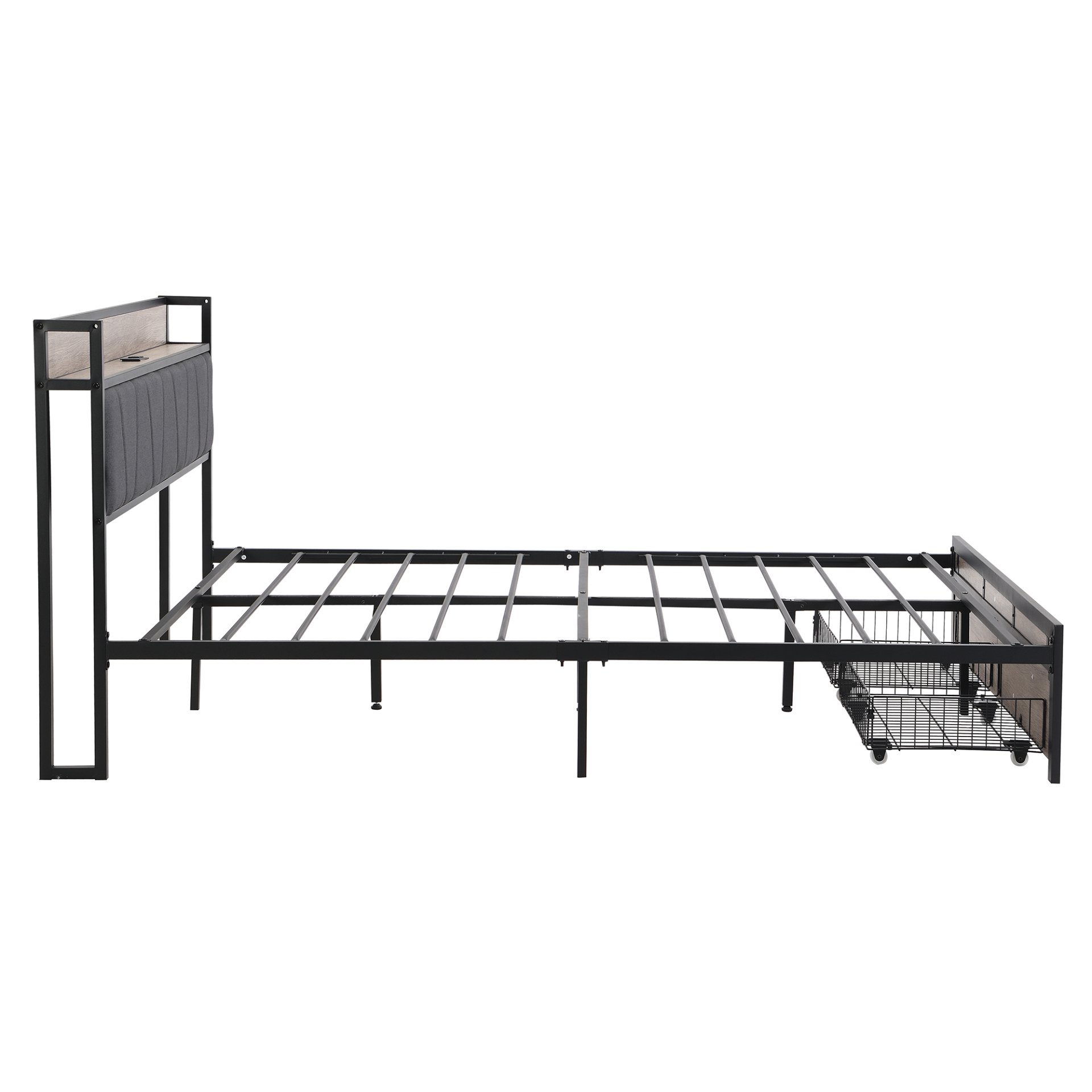 Modern Full Size Metal Platform Bed Frame With Upholstery Storage Headboard USB Liner & Footboard Drawers & - Black / Gray - Image 7