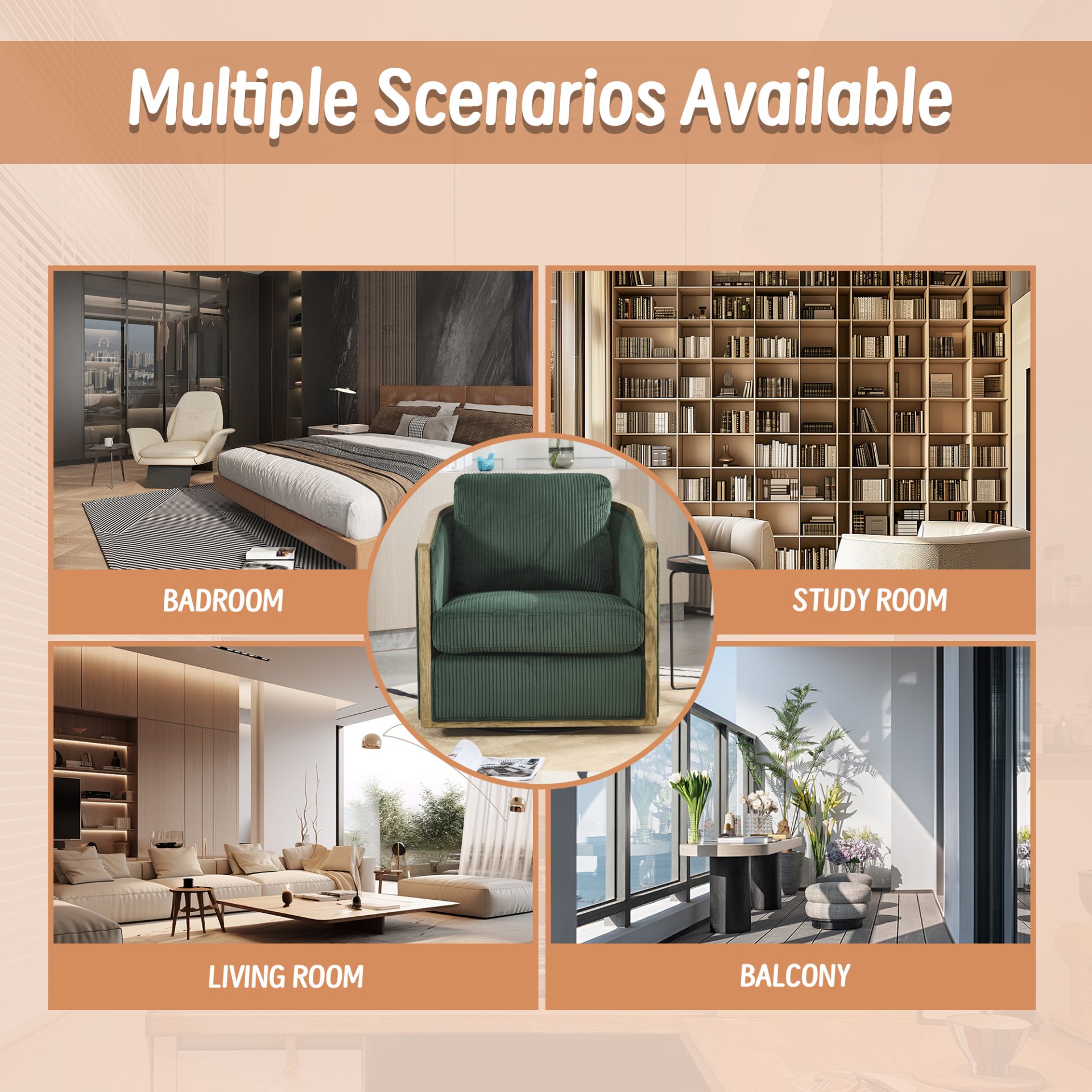 Corduroy Swivel Barrel Chair, Comfortable Accent Sofa Chair With 360 Degree Swivel For Living Room - Emerald - Image 9