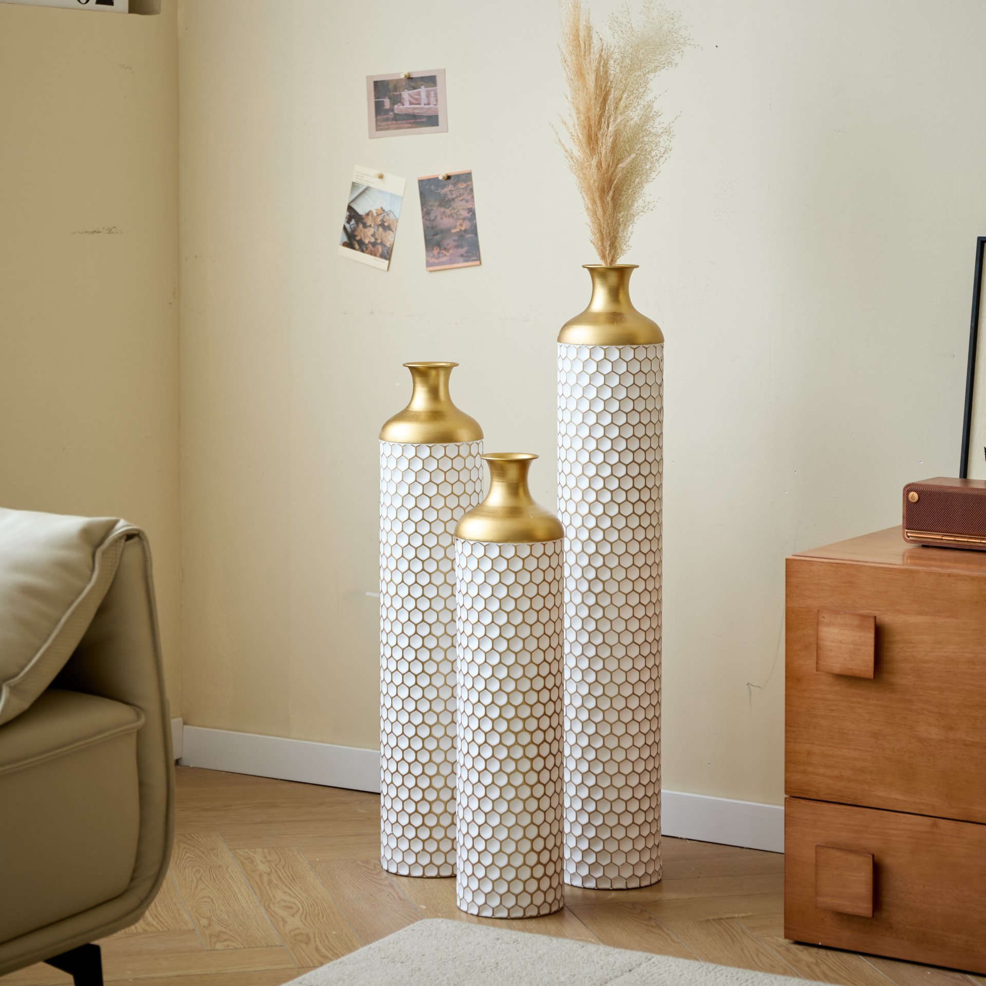 3 Piece Set Gorgeous Home Decoration Large Glazed Floor Vase Decoration Home Droplet Shaped - Gold / White - Image 22